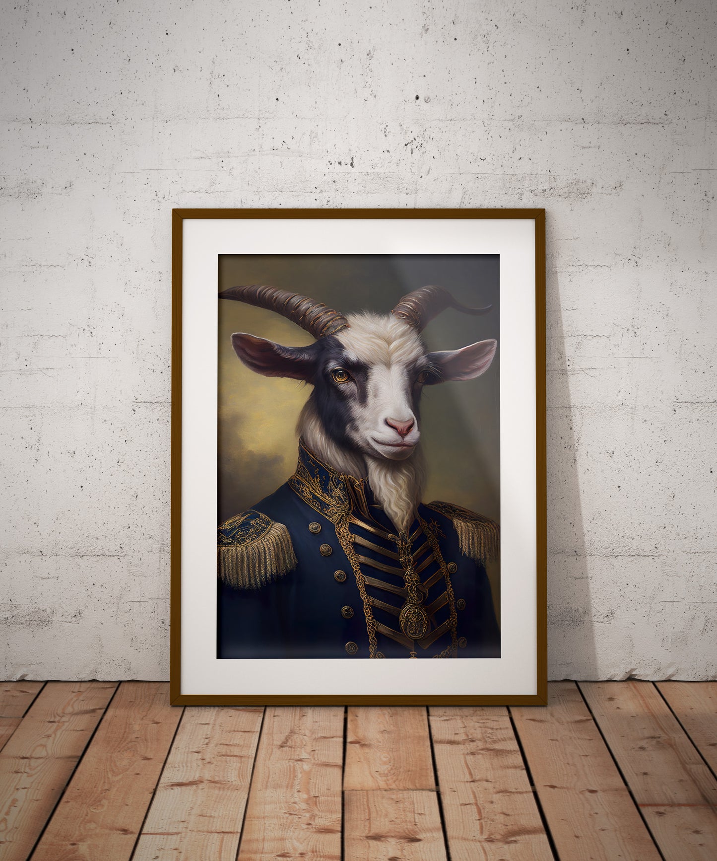 Goat in uniform poster in a dark wood frame with a mat on the floor against a white brick wall