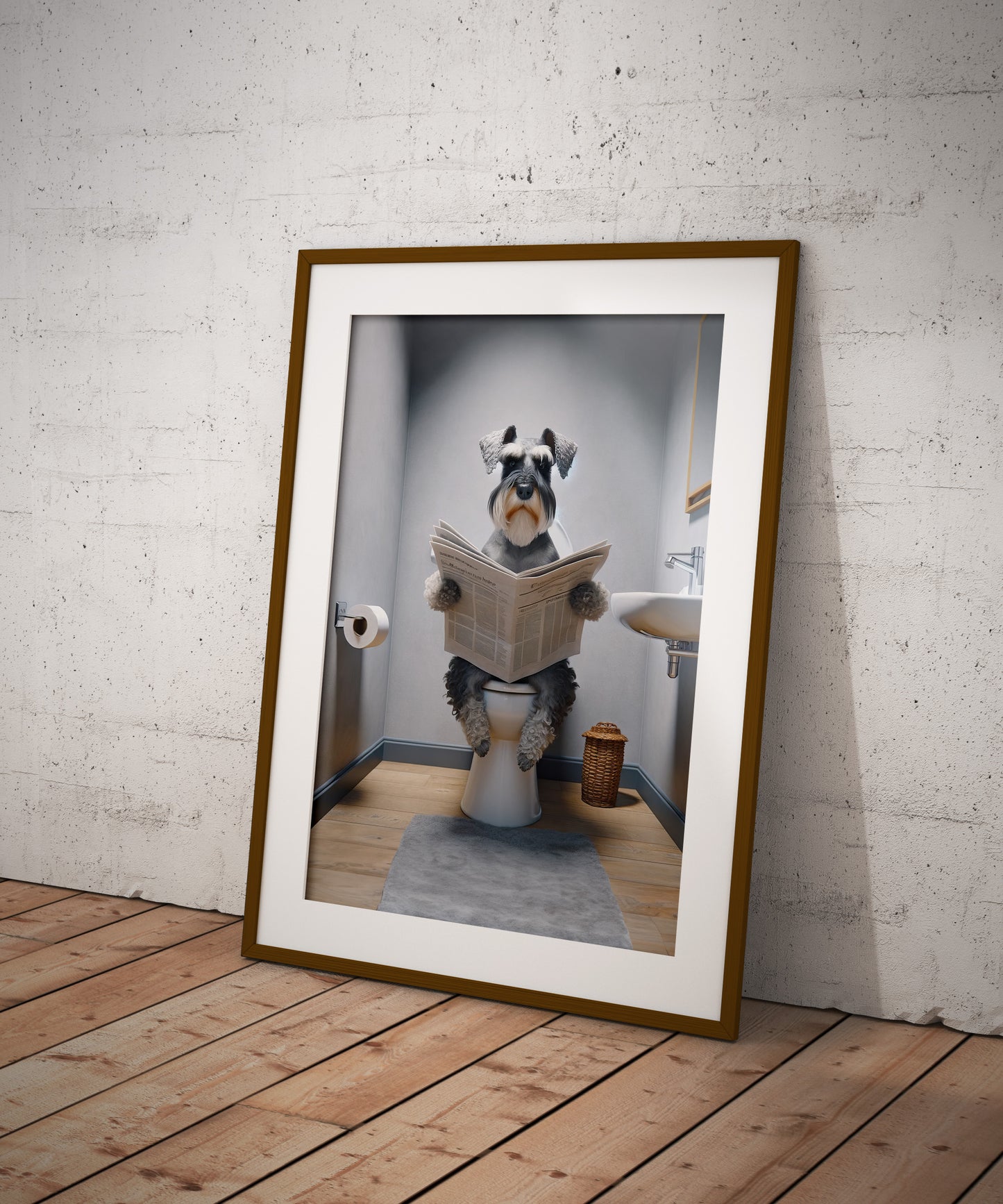 Poster Humoristique: Schnauzer Lisant le Journal sur les Toilettes, Décoration WC, Déco Salle de Bain, Cadeau Amusant