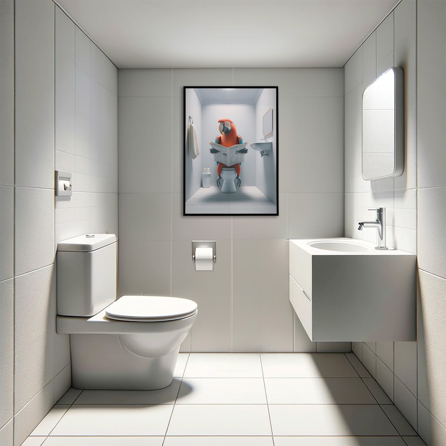 Poster Humoristique Perroquet Lisant aux Toilettes, Décoration Murale Amusante WC, Cadeau Original, Affiche Salle de Bain