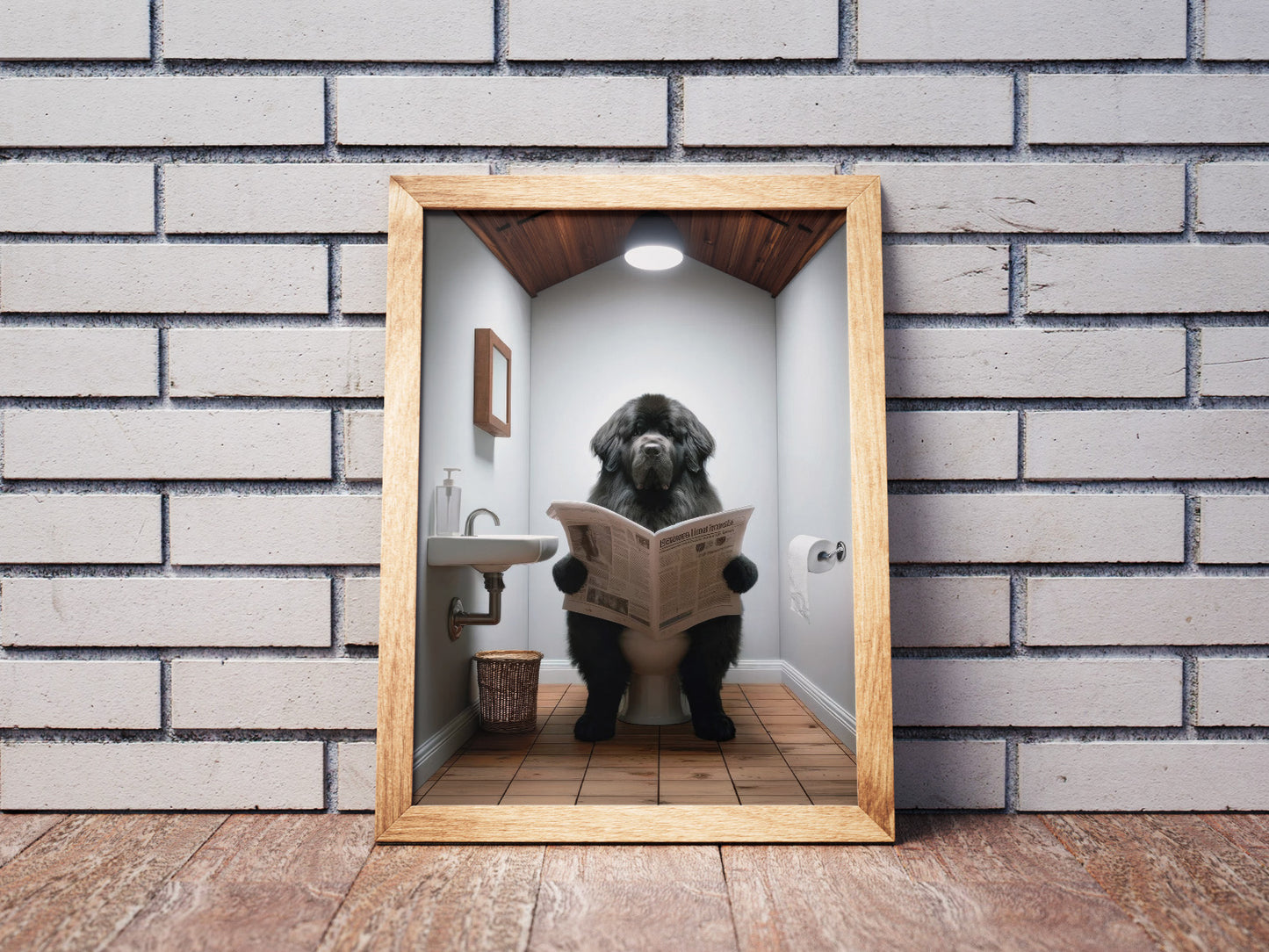 Poster Terre-Neuve noir sur toilettes lisant journal - Déco WC humour, cadre salle de bain, cadeau fun
