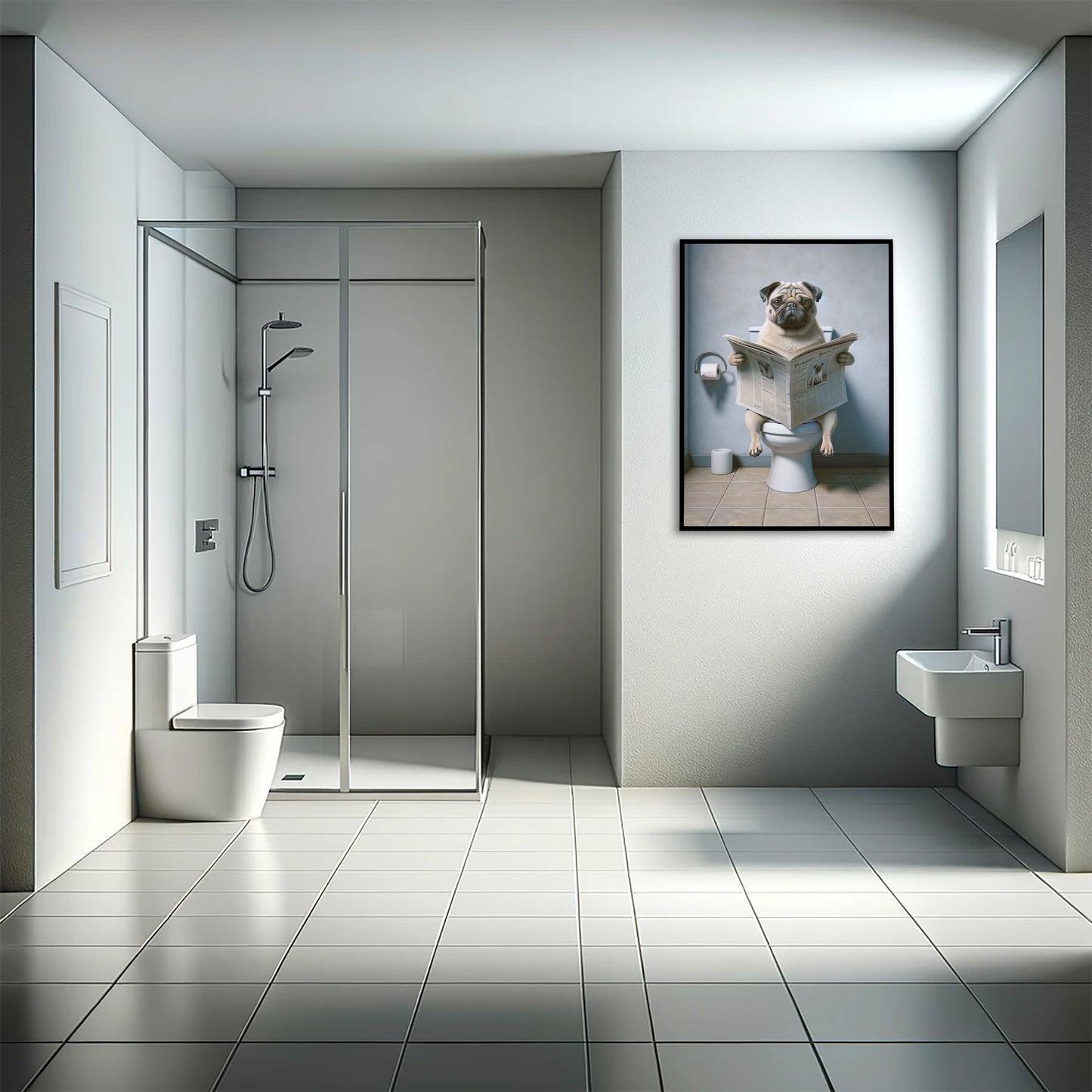 Poster carlin aux WC en cadre noir dans une salle de bain moderne avec douche vitrée