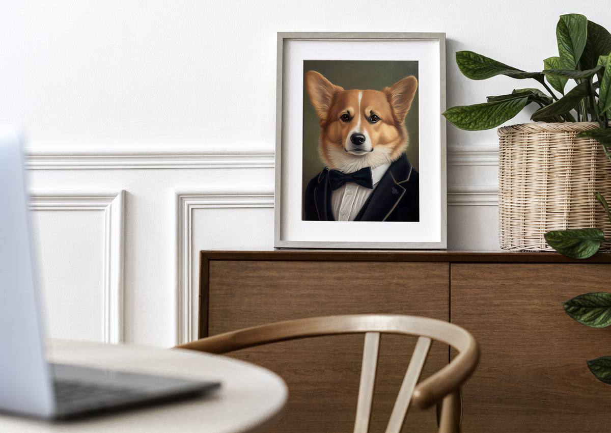 Poster corgi en smoking, cadre clair et passe-partout sur une commode en bois, plante en panier