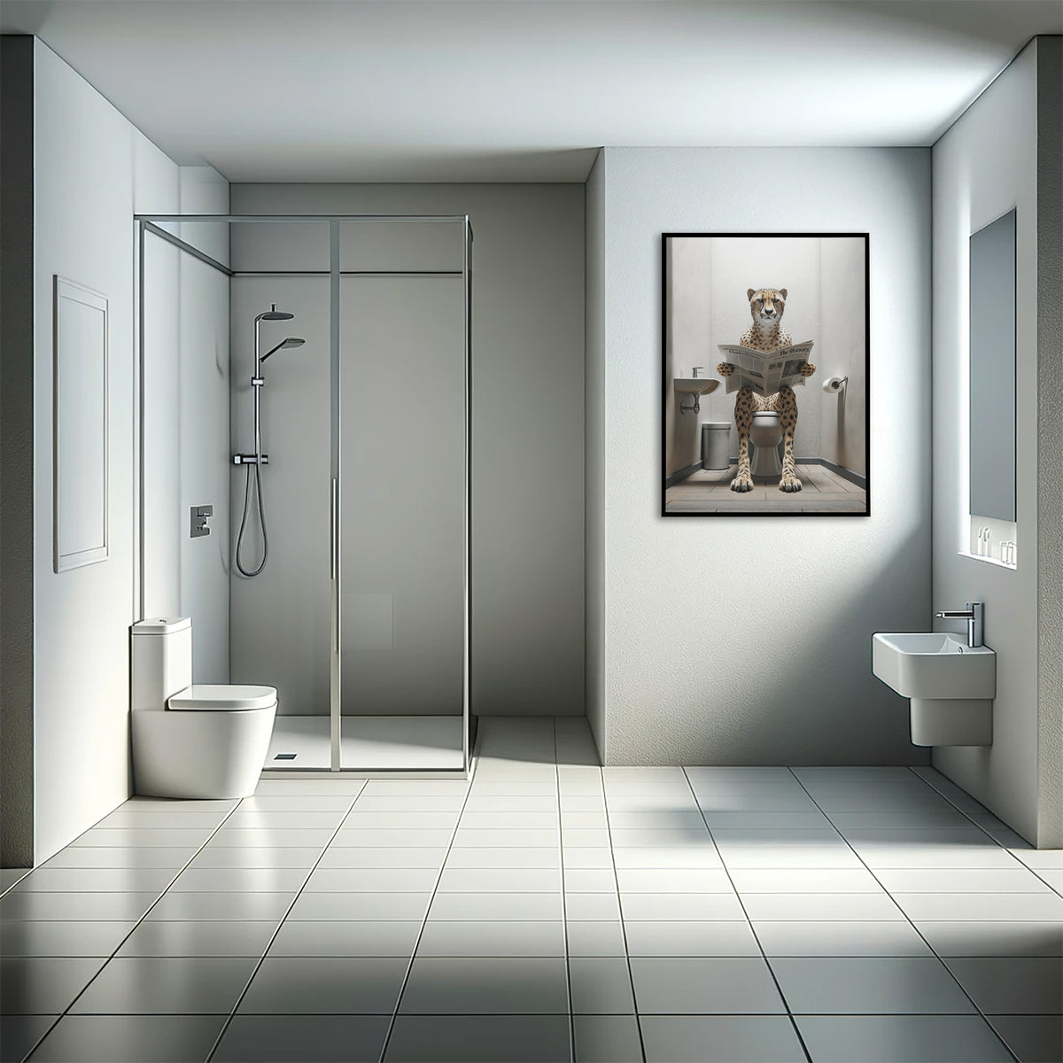 Poster guépard lisant le journal aux WC en cadre noir dans une salle de bain avec douche à l'italienne
