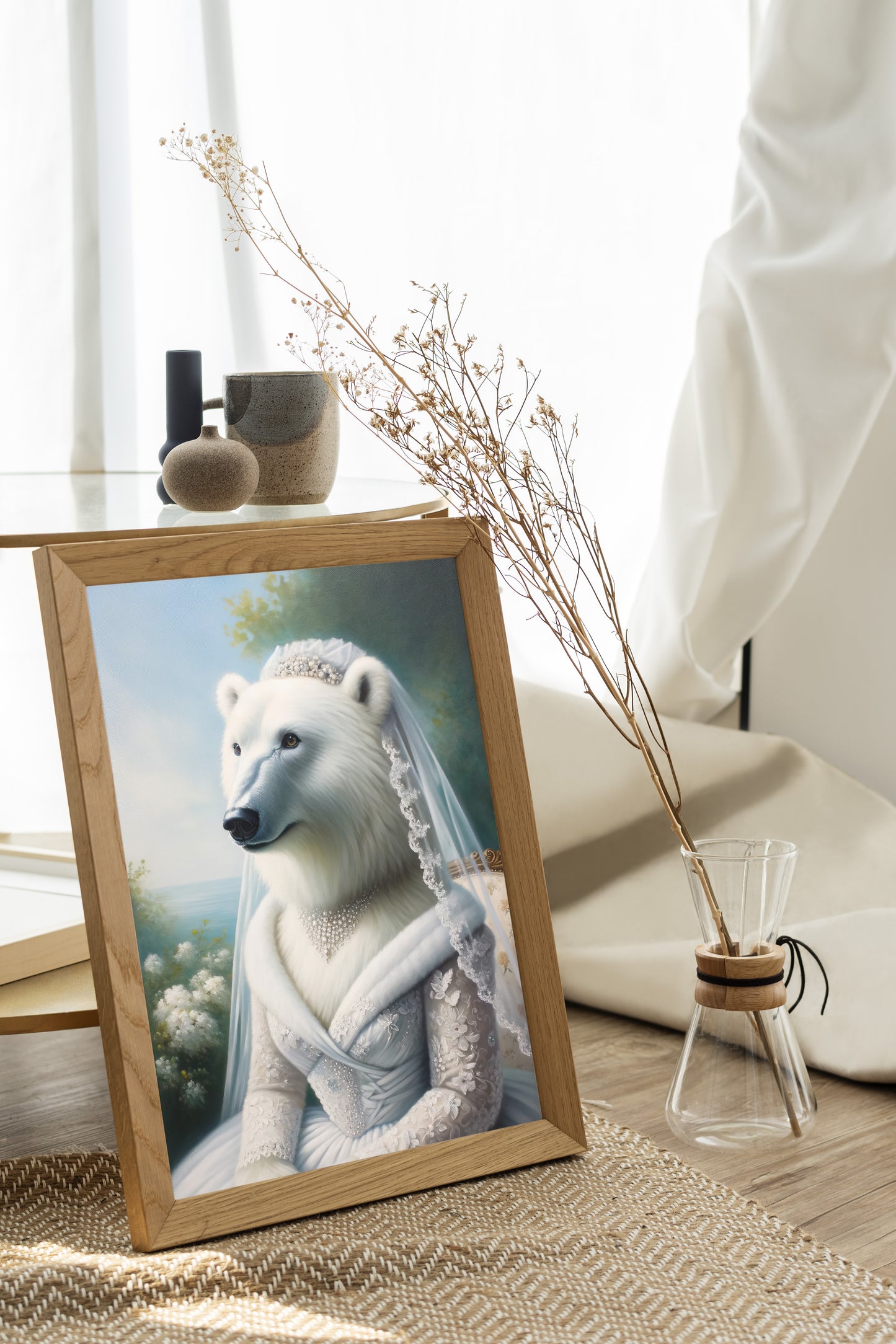 Polar bear bride poster in a natural wood frame on the floor by a window, dried flowers