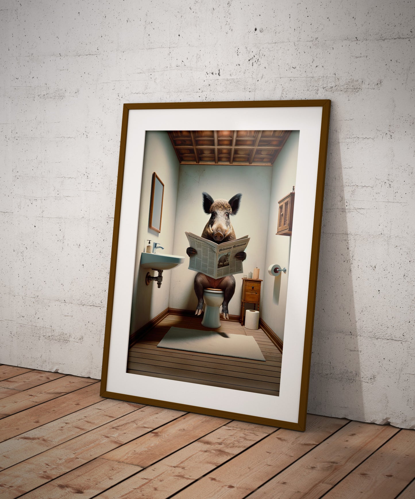 Matted wild boar reading the newspaper poster in a dark wood frame resting on a plank floor
