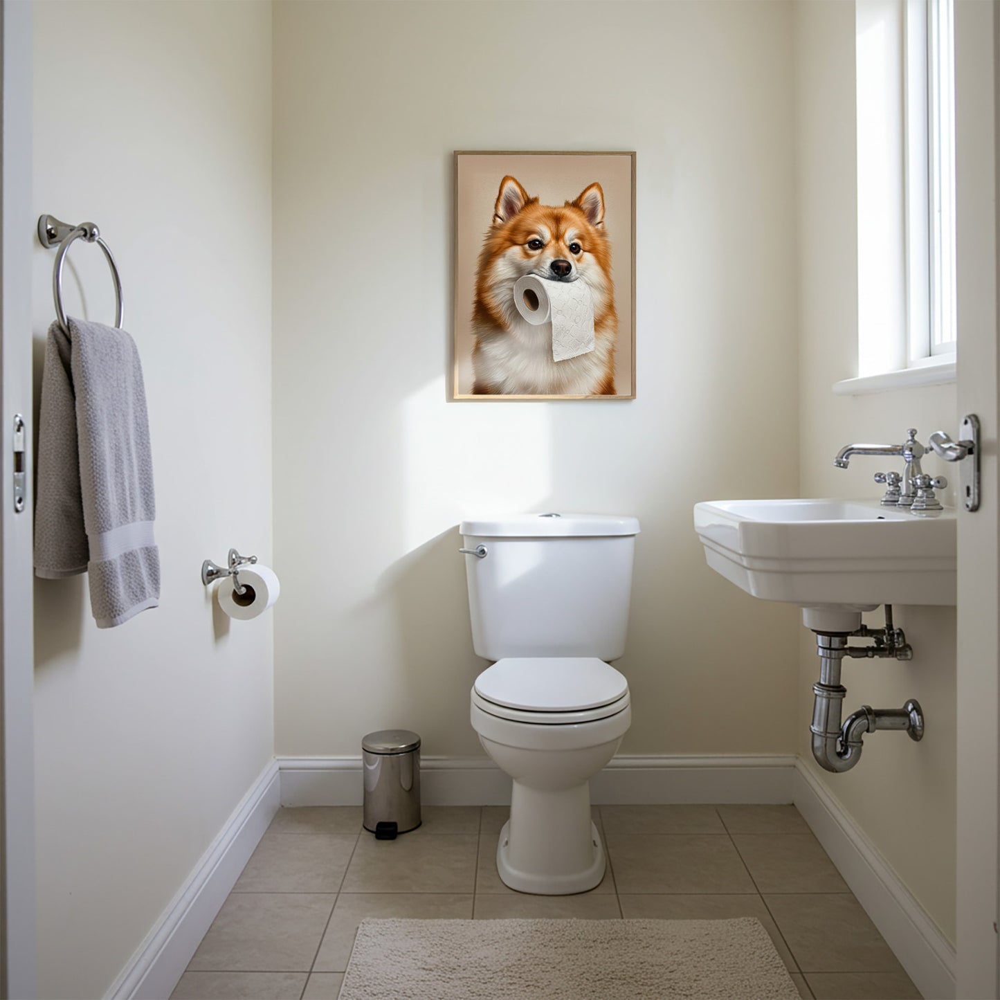 Pomeranian Dog Bathroom Poster – Funny Toilet Humor Wall Art, Dog Lover Gift, Pomeranian Decor, Framed Print for Bathroom