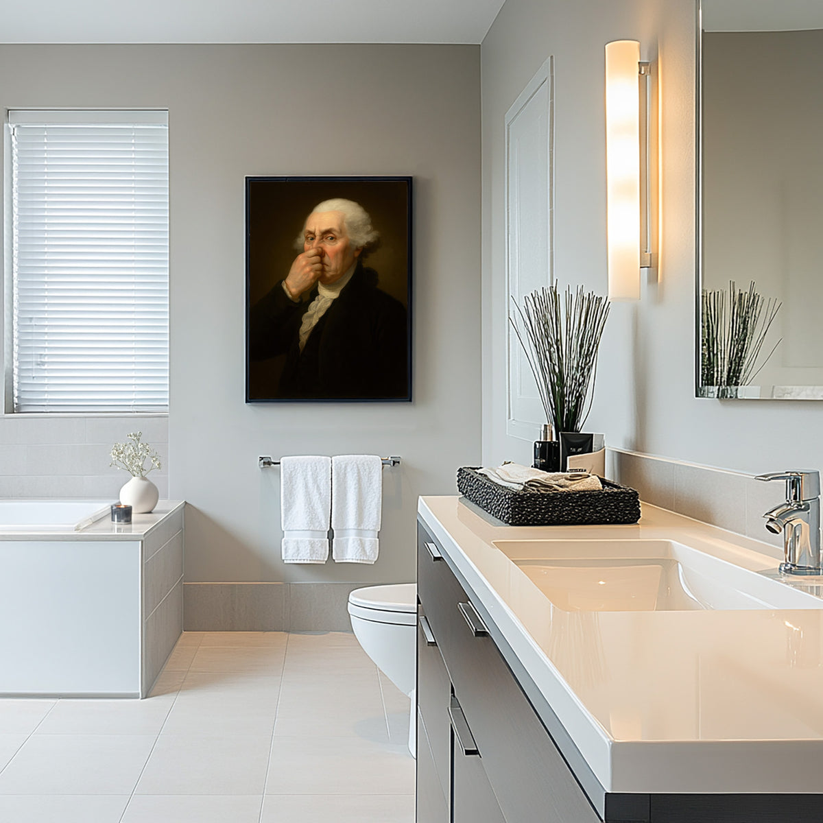 Salle de bain moderne et lumineuse, poster Washington qui se pince le nez en cadre noir près de la fenêtre