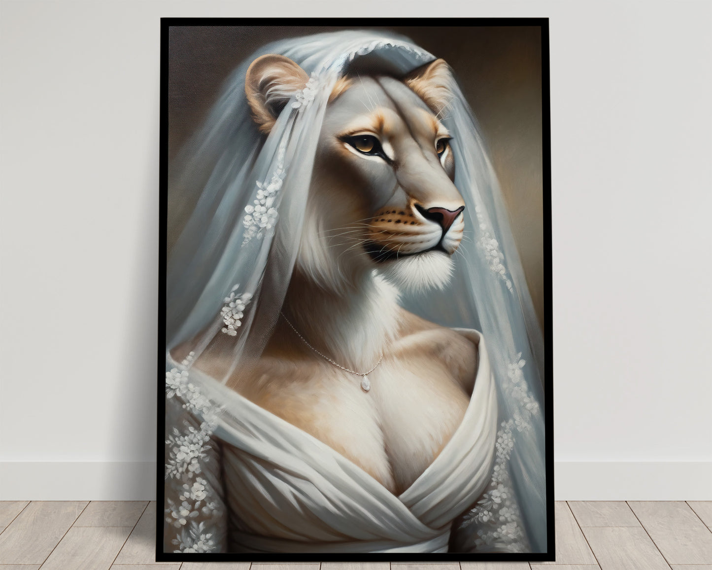 Portrait d'une lionne au pelage clair en robe de mariée blanche drapée et long voile, fond brun, poster cadre noir