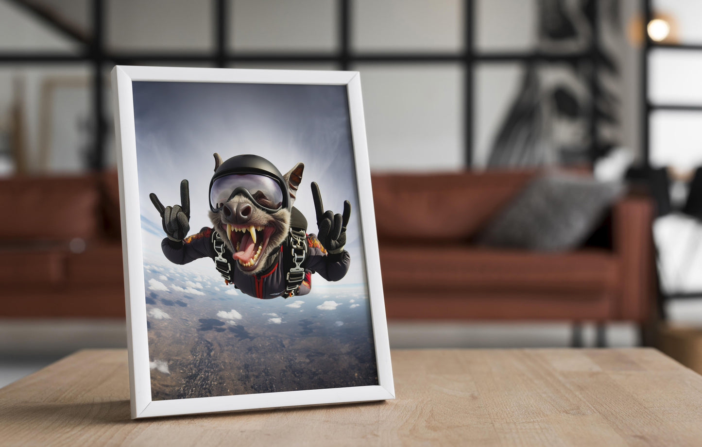Bat skydiving poster in a white frame on a wooden table, blurred leather sofa behind