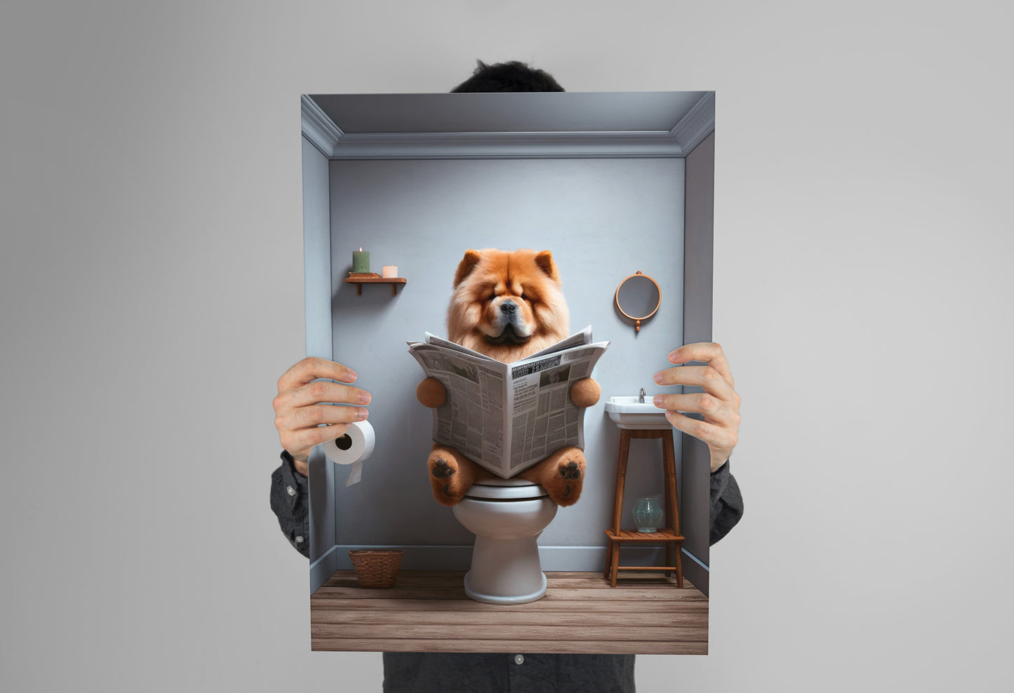 Chow Chow restroom poster held in two hands against a gray wall