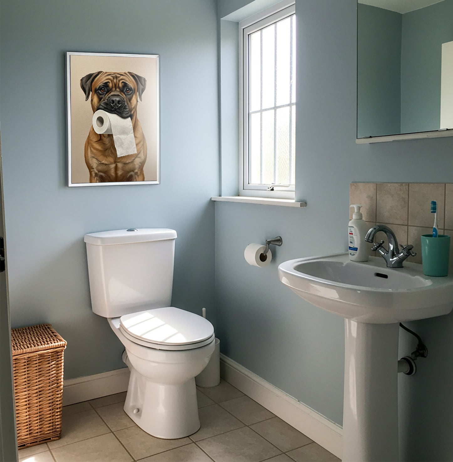 Poster Bullmastiff au papier toilette encadré sur un mur bleu, près d'une fenêtre