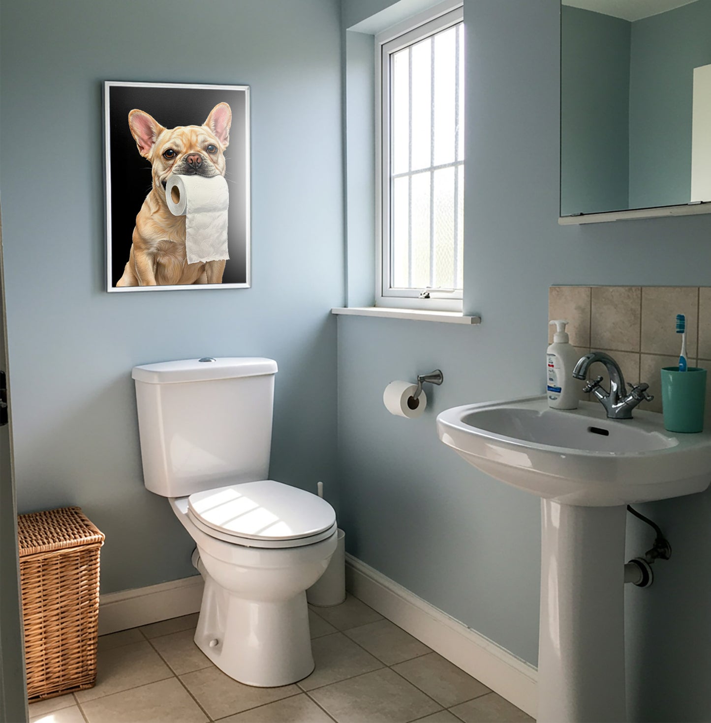 Poster Bouledogue Français Crème Humoristique pour Toilettes – Déco WC, Cadeau Bulldog, Affiche Murale Encadrée Modern