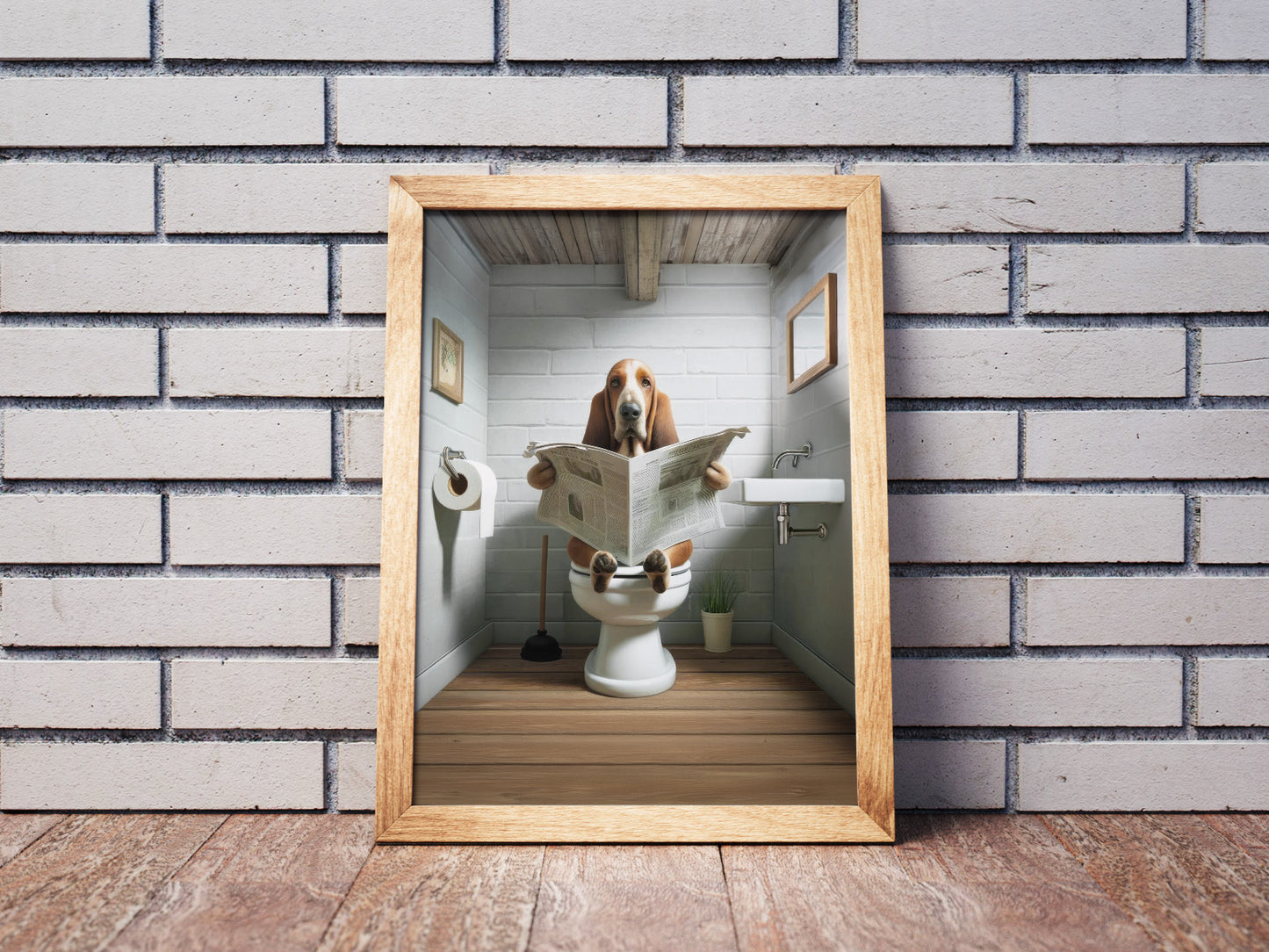 Poster Humoristique Basset Hound lisant le Journal sur les Toilettes – Décoration WC et Salle de Bain, Cadeau Amusant