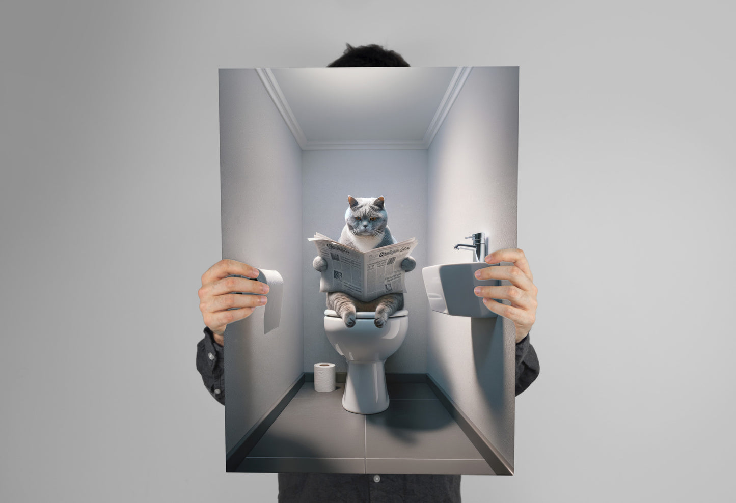 Affiche Humoristique Chat British Shorthair Bleu & Blanc aux Toilettes, Décoration Murale WC & Salle de Bain, Idée Cadeau Fun