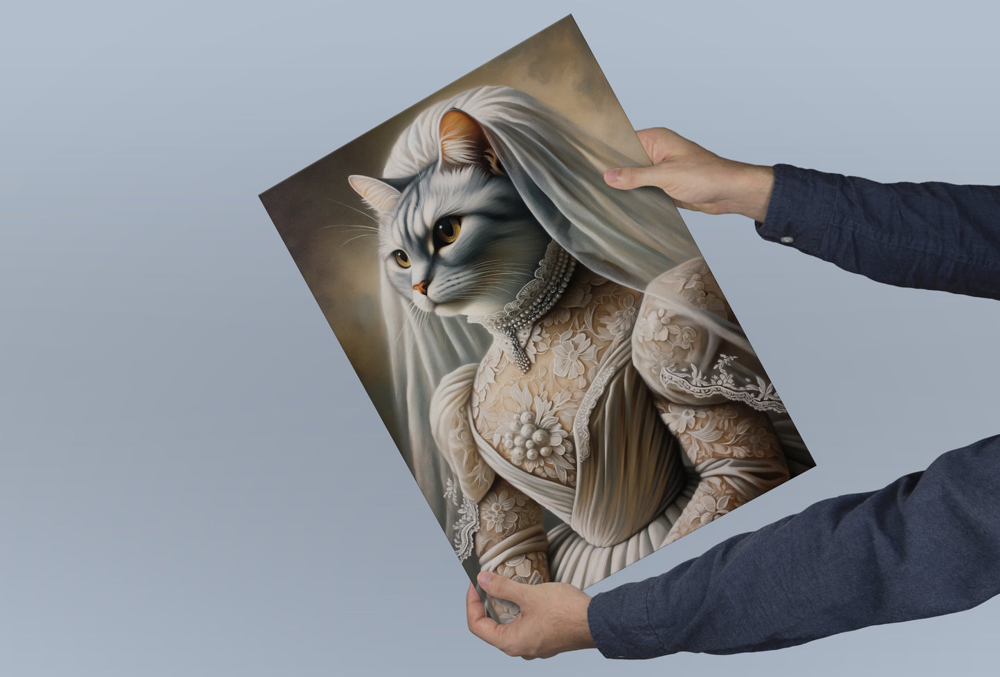 Cat bride poster held in both hands against a blue-gray background