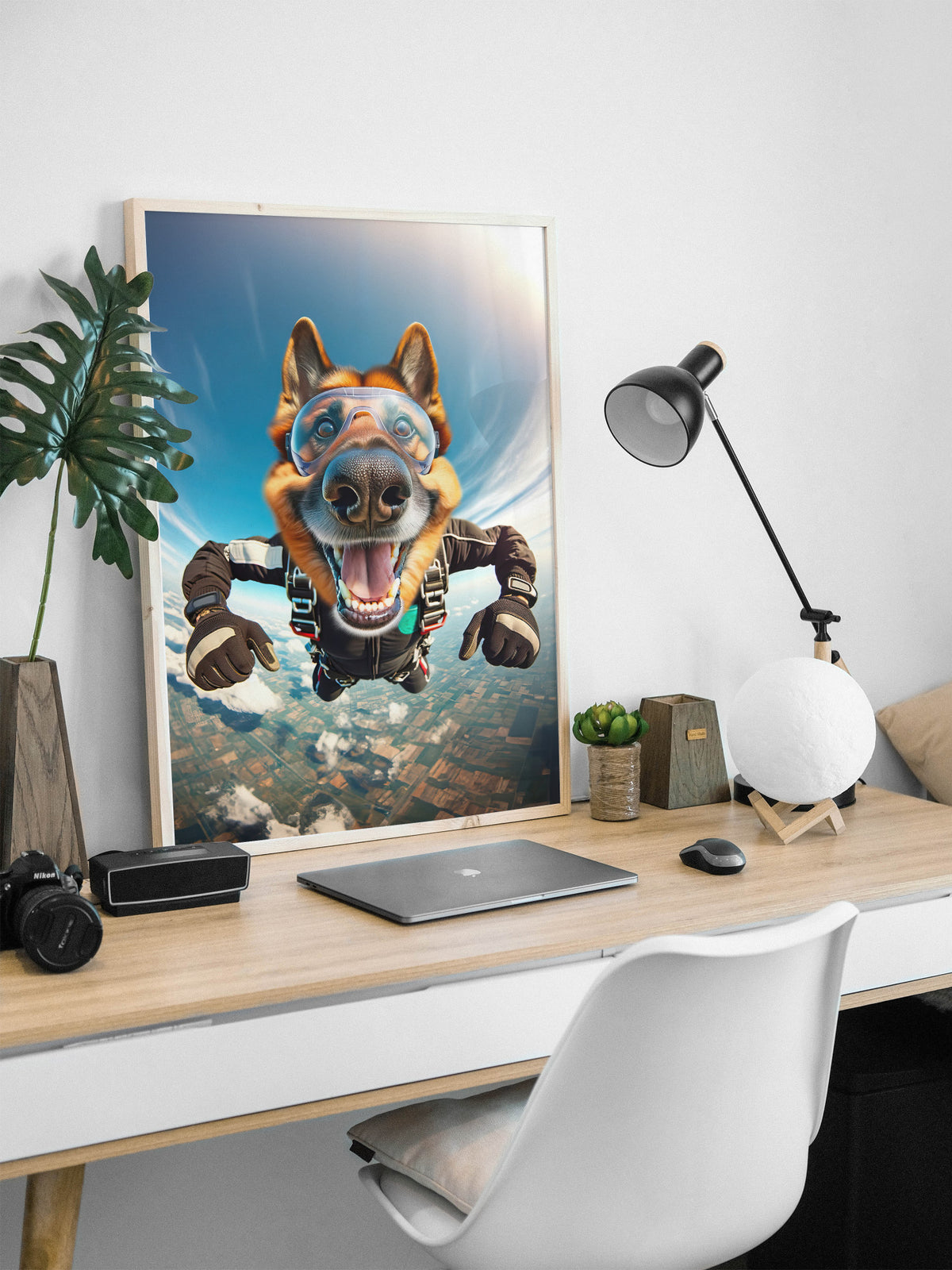 Poster Berger Allemand en chute libre en cadre bois clair posé sur un bureau, lampe noire et ordinateur portable