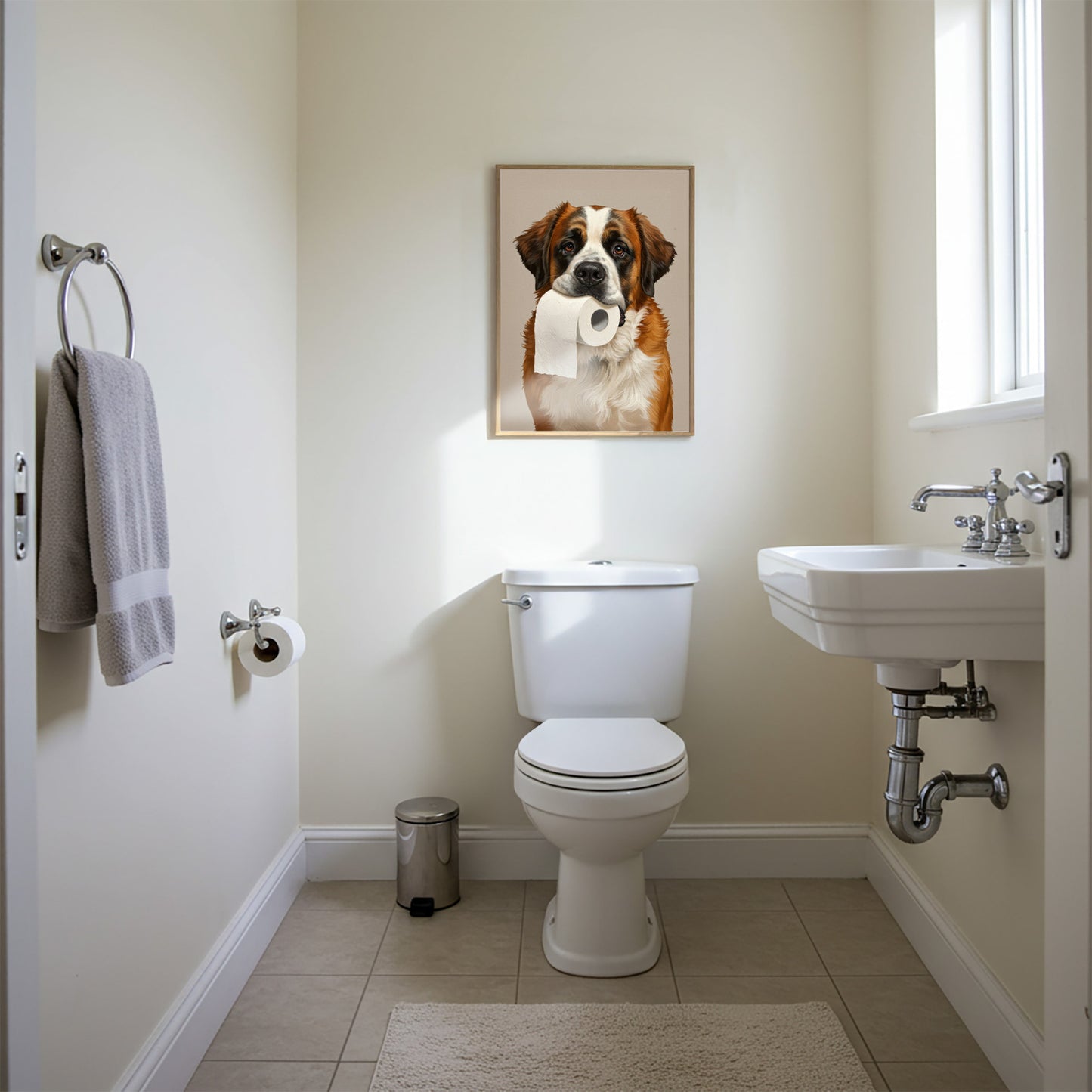 Poster chien Saint-Bernard drôle pour toilettes – Idée cadeau WC, décoration murale, affiche encadrée, art mural humoristique