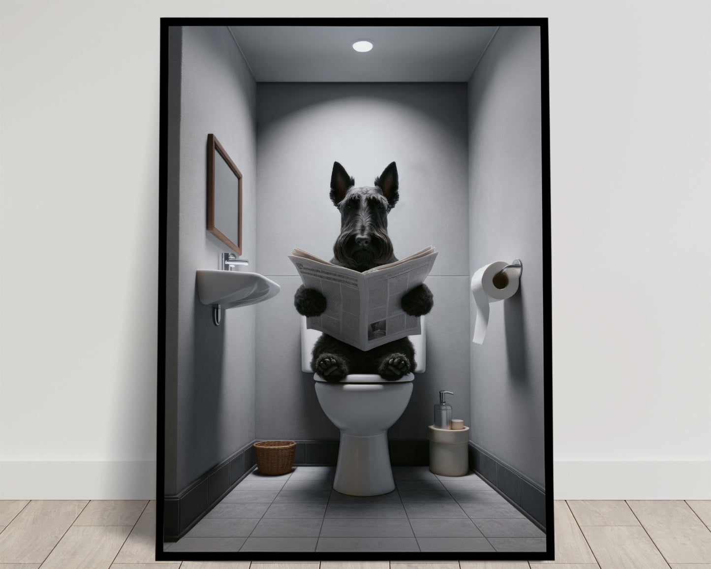 Terrier écossais noir assis sur les toilettes lisant le journal, WC gris et blanc avec lavabo et miroir