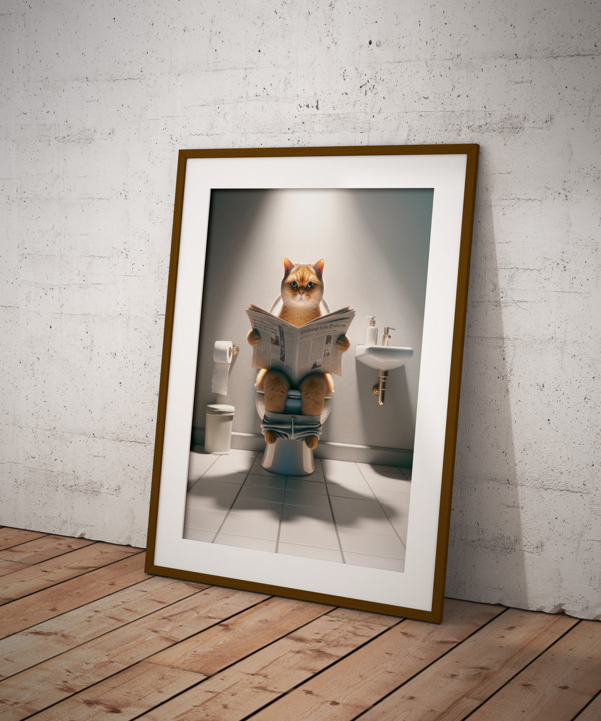 Golden shaded British Shorthair cat poster in a dark wood frame with mat, standing on a plank floor
