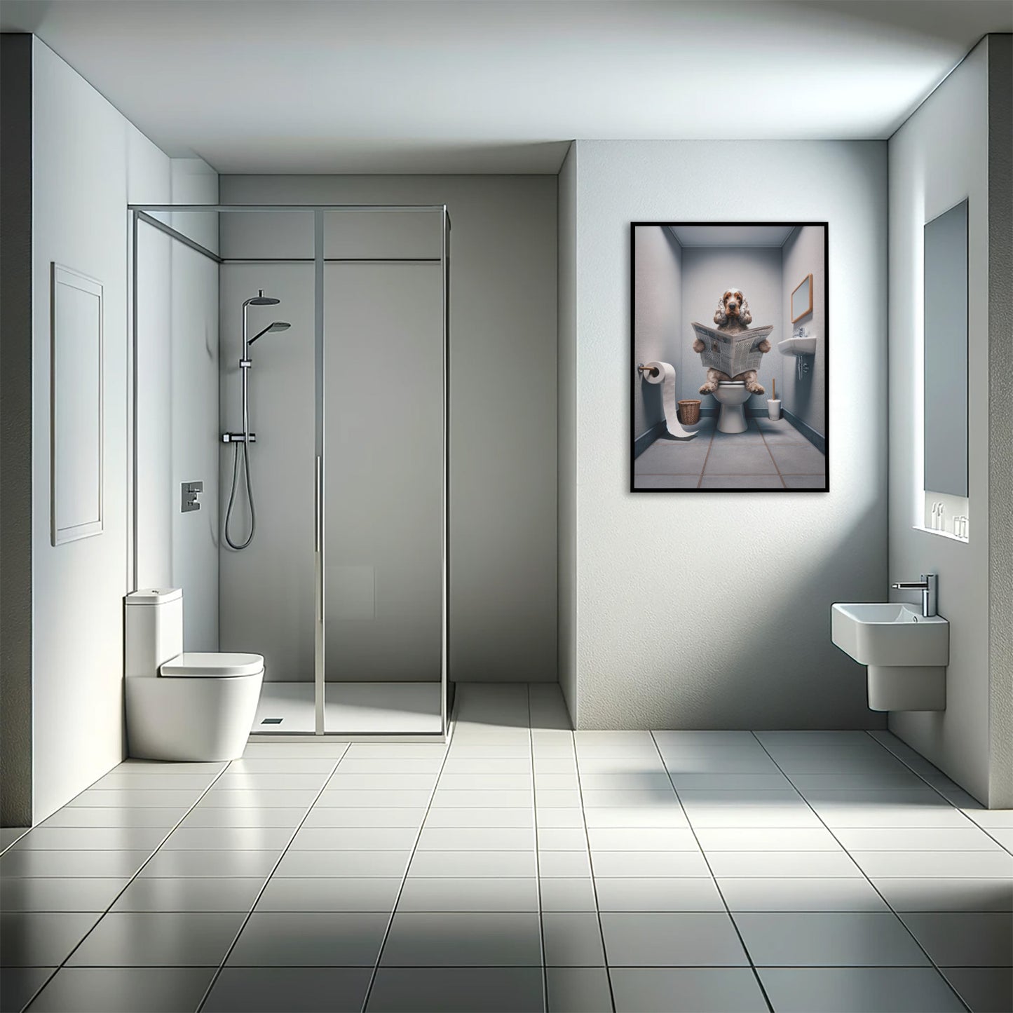 Poster Cocker lisant le journal en cadre noir dans une salle de bain moderne avec douche à l'italienne
