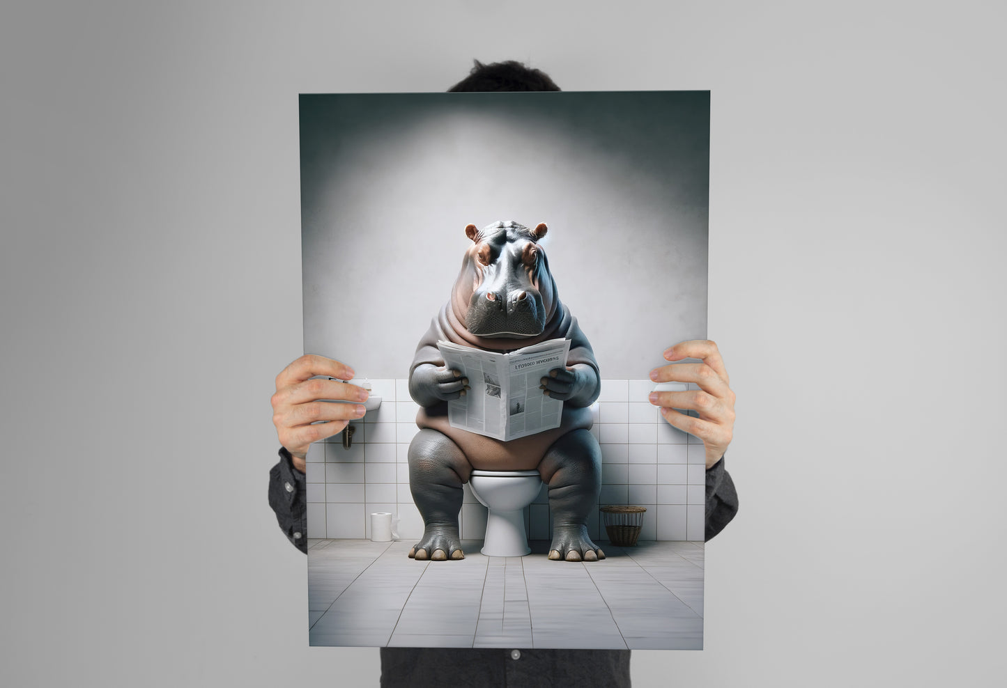 Poster Humour : Hippopotame Lisant aux Toilettes - Décoration WC Amusante - Cadre Déco Salle de Bain - Cadeau Original