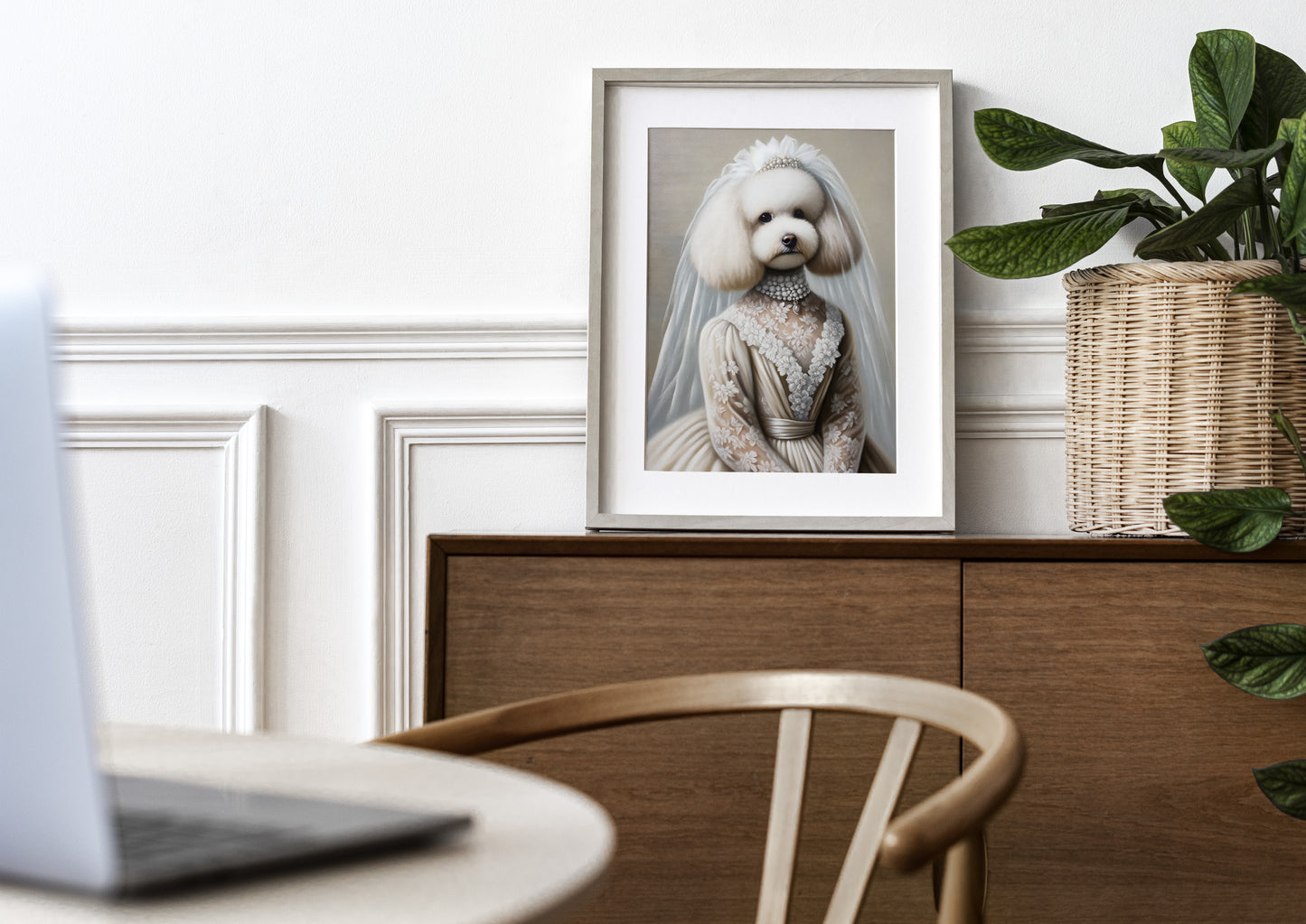 Poster caniche mariée, cadre bois clair et passe-partout sur un buffet en bois près d'une plante