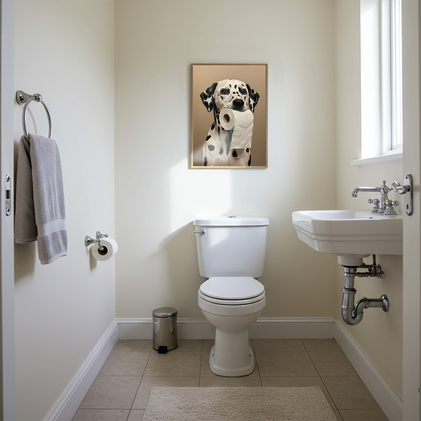 Poster WC Dalmatien mordant rouleau papier toilette - Humour, décoration toilettes, cadeau chien, affiche encadrée murale