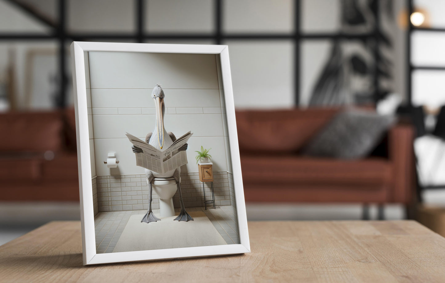 Poster Humoristique Pelican aux Toilettes, Décoration WC Amusante, Cadre Salle de Bain, Idée Cadeau Originale