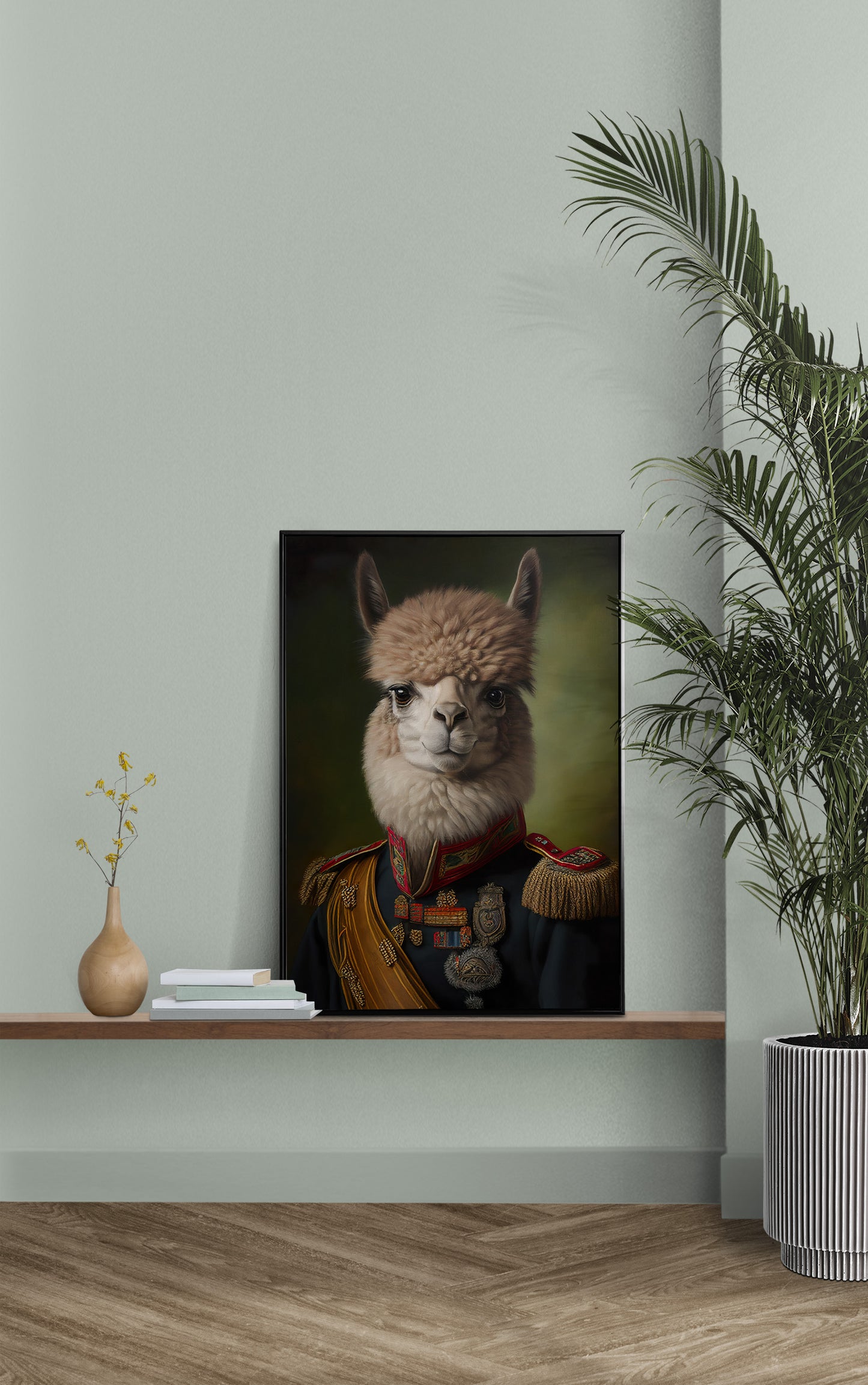 Alpaca in military uniform poster on a wall shelf against a sage green wall with a potted palm