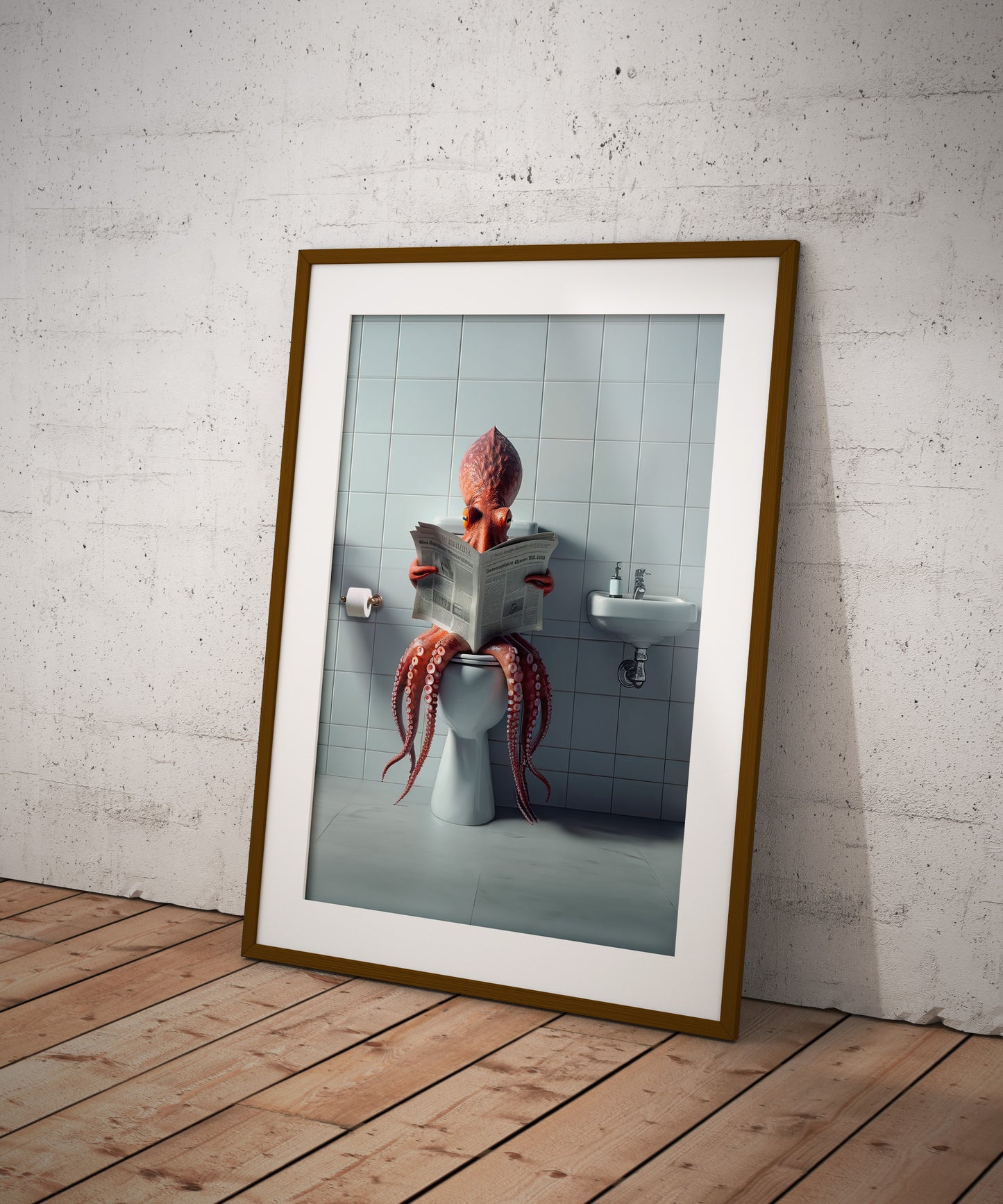 Poster Humour : Pieuvre Lisant le Journal aux Toilettes, Déco Drôle WC & Salle de Bain, Idée Cadeau Originale