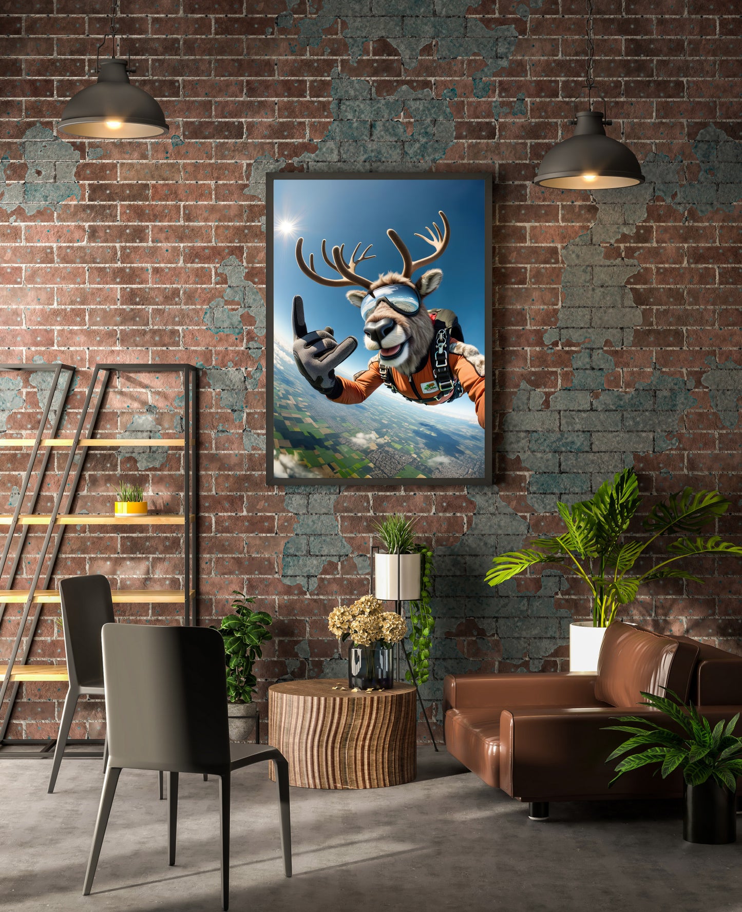 Skydiver caribou poster in a black frame in a brick loft with a leather sofa and plants