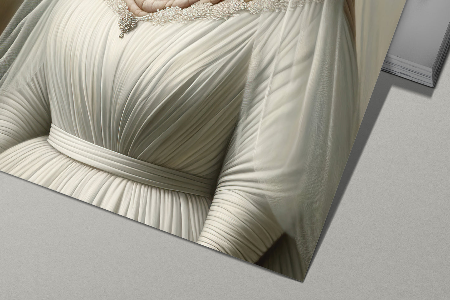 Detail of the walrus in wedding dress poster: pleated white bodice and waistband