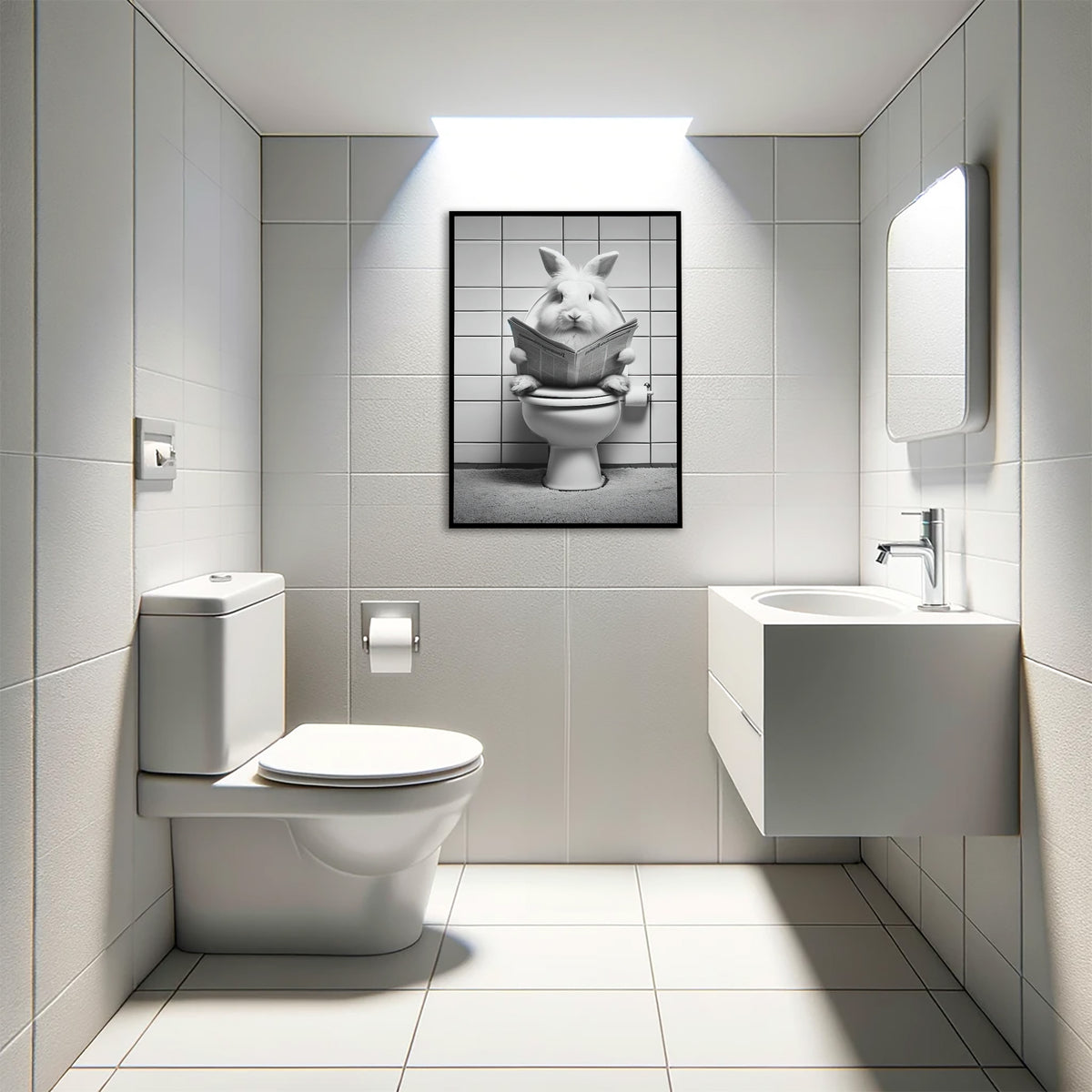 Poster lapin lisant le journal aux toilettes en cadre noir au-dessus d'un WC suspendu, toilettes carrelées