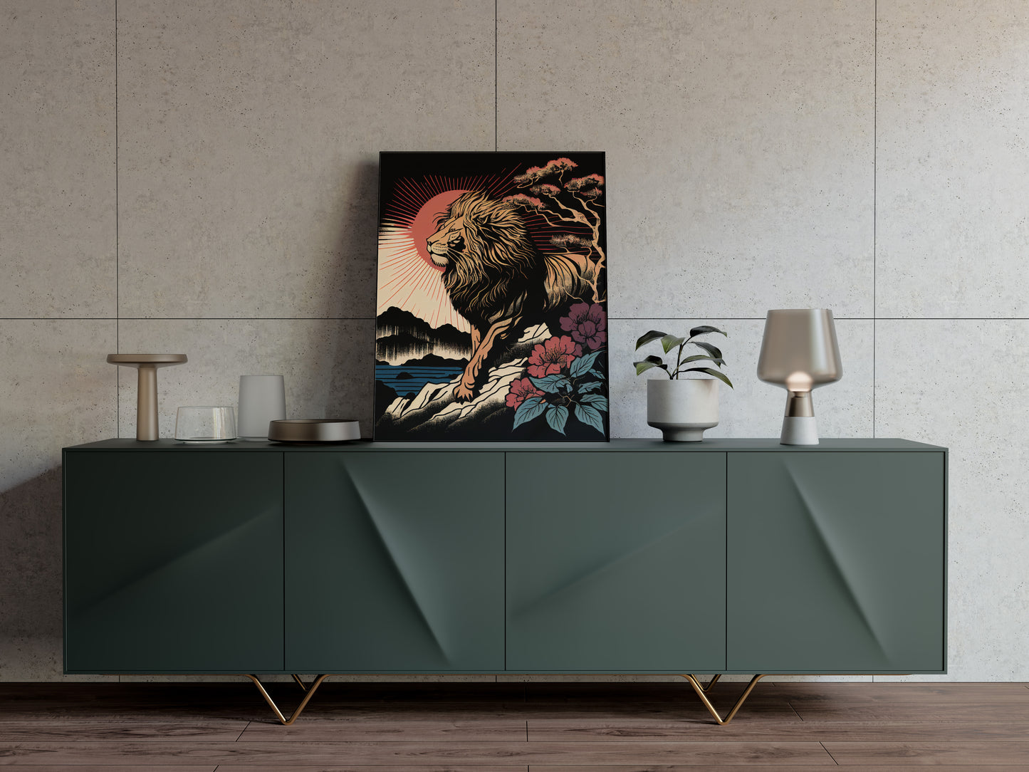 Affiche lion japonais ukiyo-e posée sur un buffet vert sapin, mur beige texturé