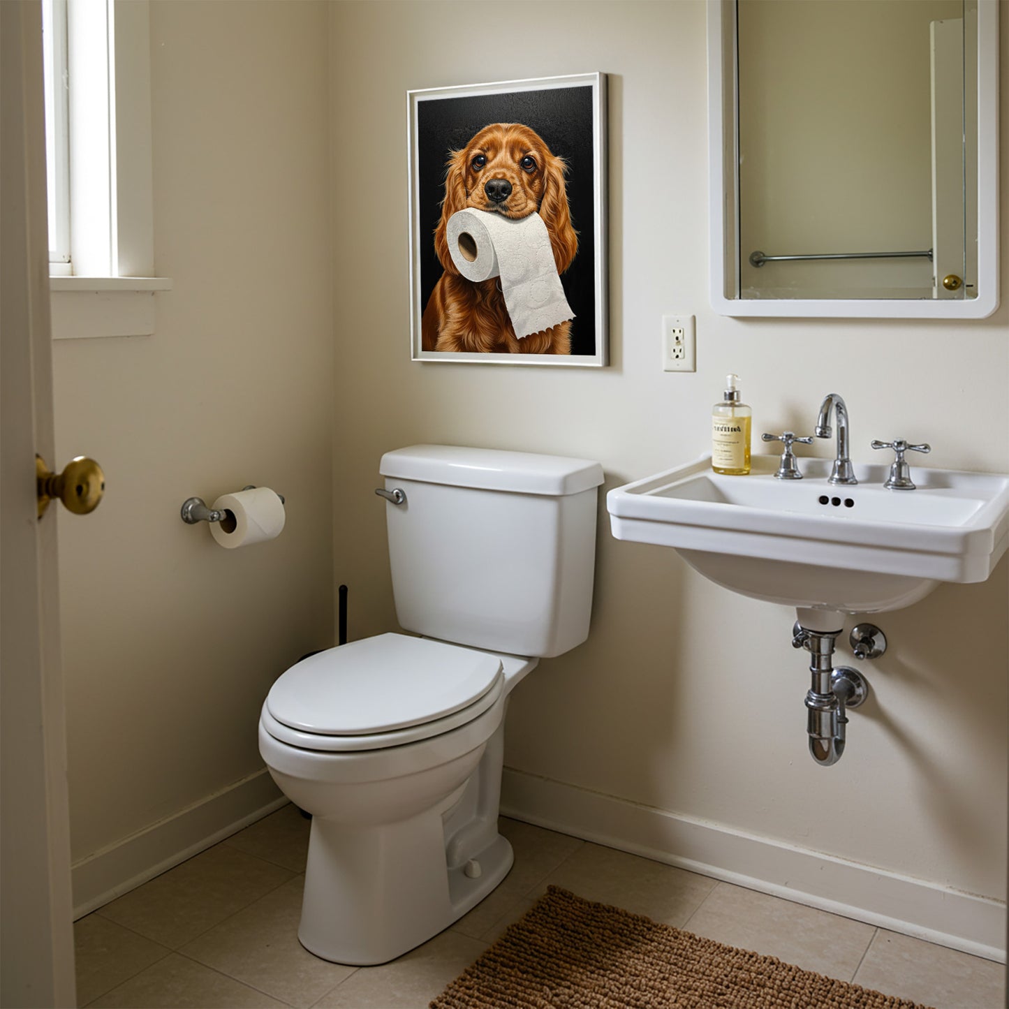 Poster Cocker anglais tenant un rouleau de papier toilette, encadré au-dessus des WC près du lavabo