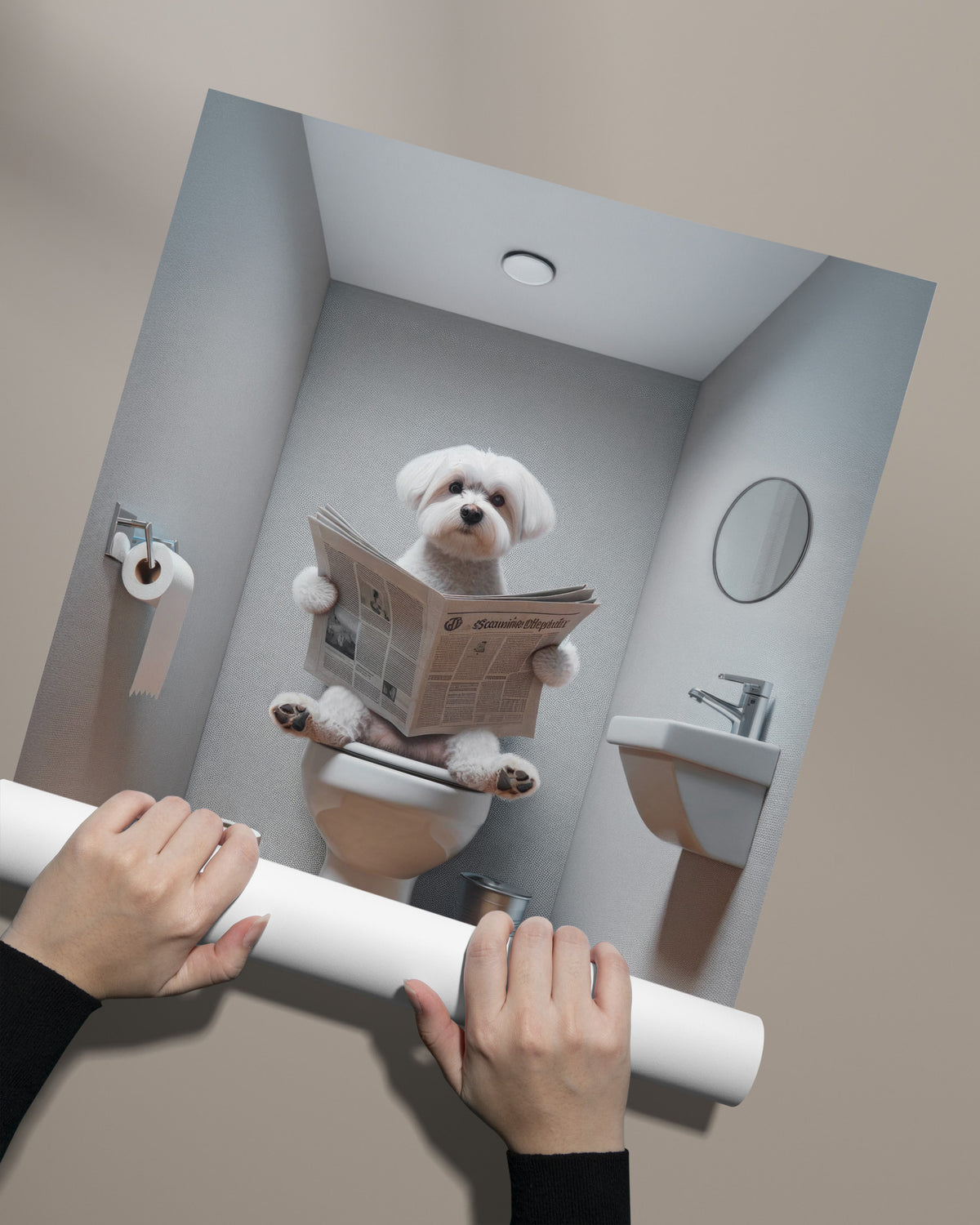Poster Bichon Maltais lisant le journal déroulé à la main, sans cadre