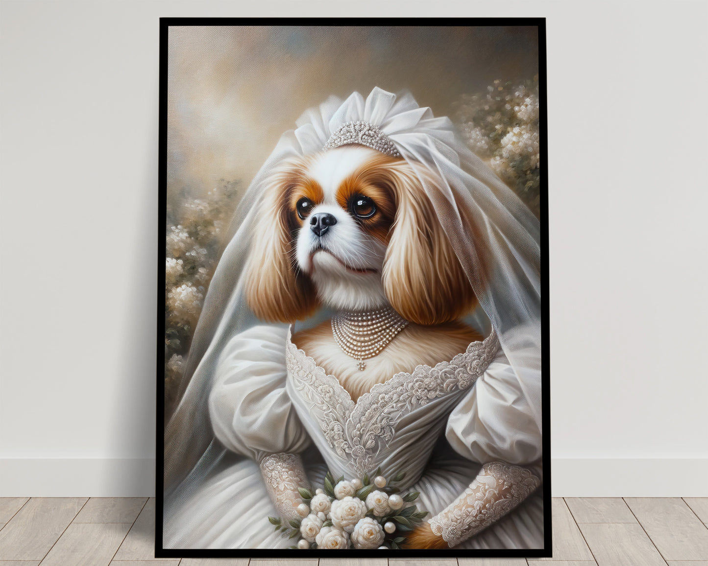 Portrait d'un Cavalier King Charles en robe de mariée à manches bouffantes, bouquet de roses blanches et voile, cadre noir