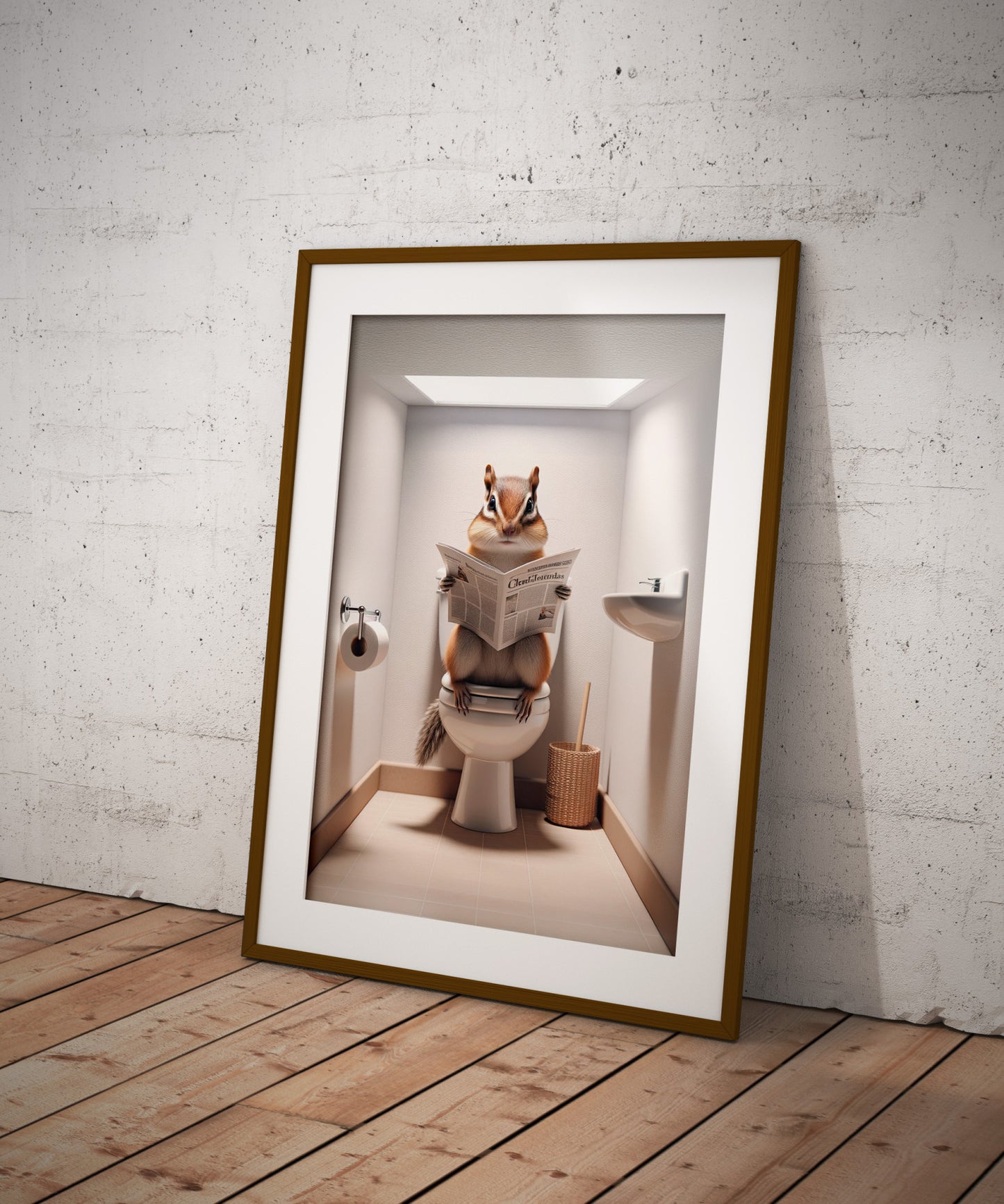 Poster humour : Écureuil lisant le journal, Décoration WC, Cadre déco salle de bain, Art mural drôle, Cadeau original Toilettes