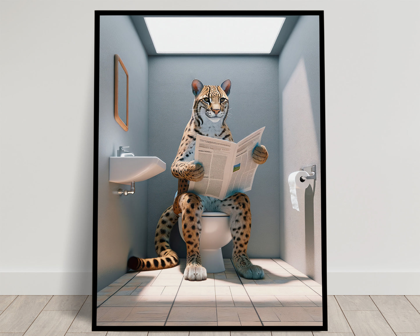 Spotted ocelot reading the newspaper on the toilet in a blue-gray restroom lit by a skylight, Balthazart Studio poster