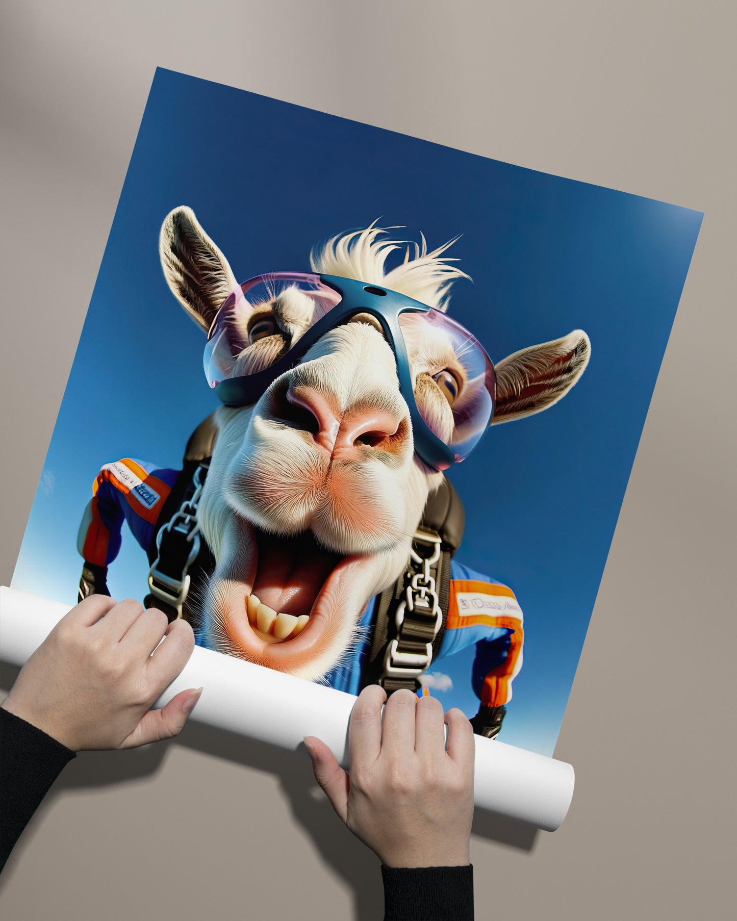 Unframed skydiving goat poster unrolled by hand against a beige background
