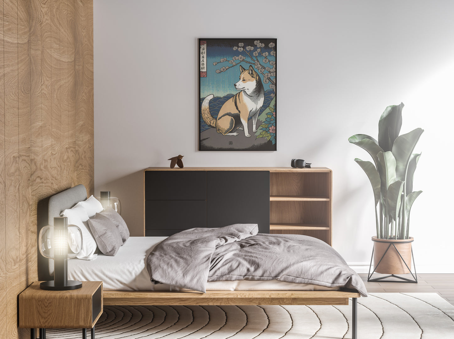 Affiche shiba inu ukiyo-e accrochée au-dessus d'un lit au linge gris, chambre lumineuse