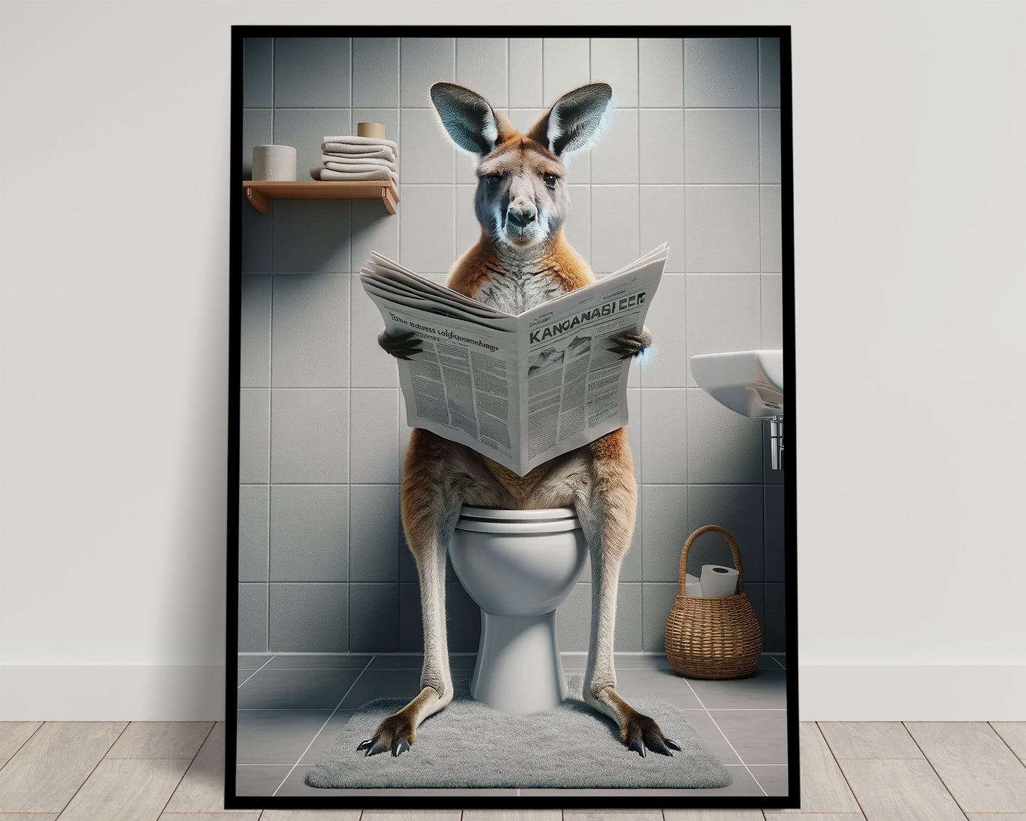 Kangaroo reading the newspaper on the toilet in a white-tiled restroom with a wicker basket, Balthazart Studio poster