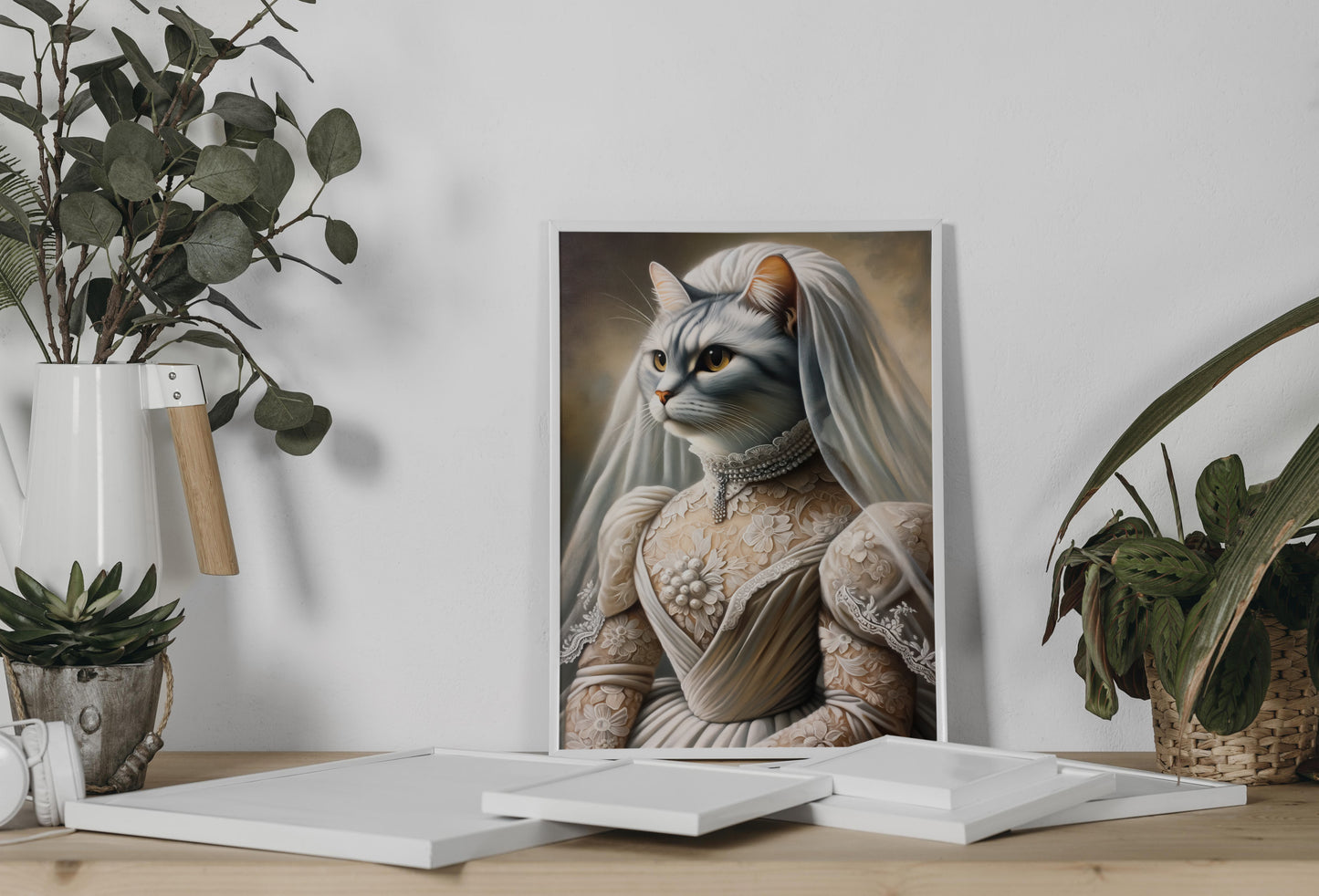 Cat in wedding dress poster leaning on a console between eucalyptus and a plant