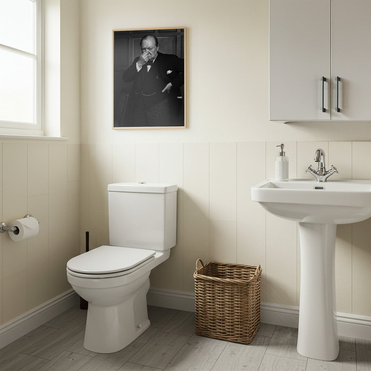 Poster Churchill qui se pince le nez en cadre bois clair au-dessus des WC, lambris crème et panier en osier