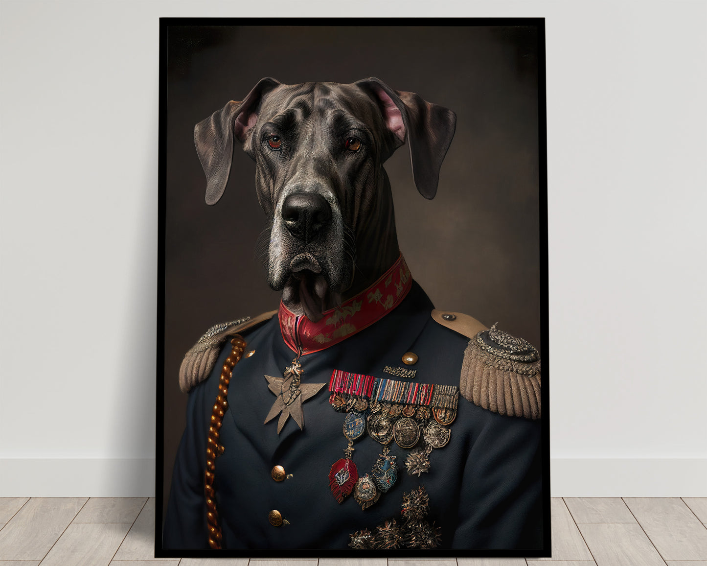 Portrait of a gray Great Dane in a navy uniform covered in medals with a red collar, Balthazart Studio poster