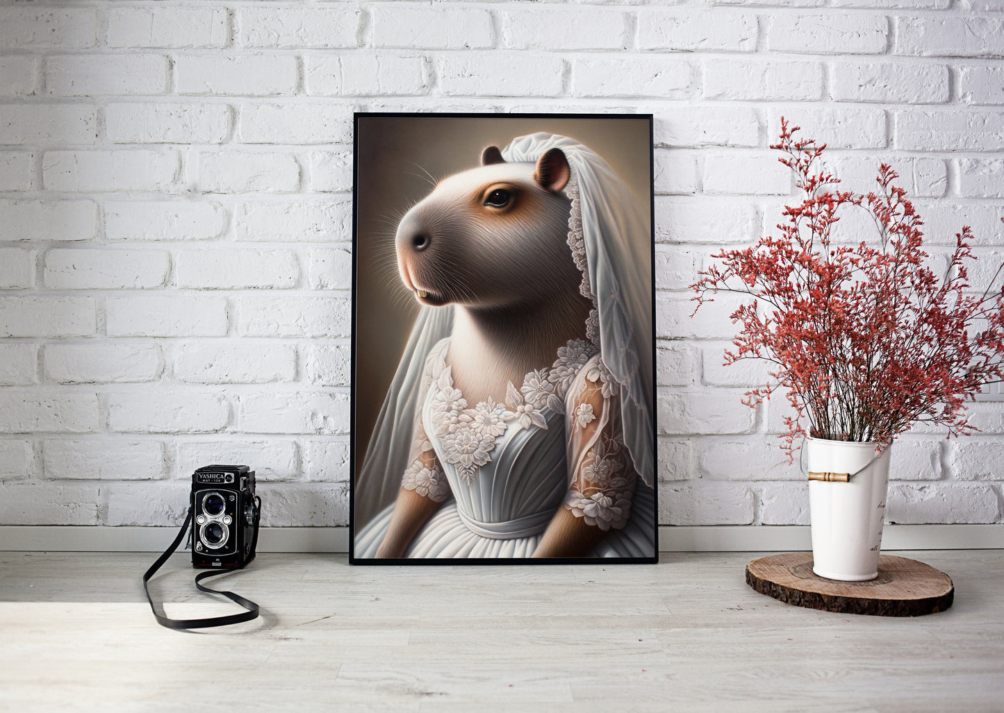 Poster capybara mariée en cadre noir posé contre un mur de briques blanches, fleurs rouges