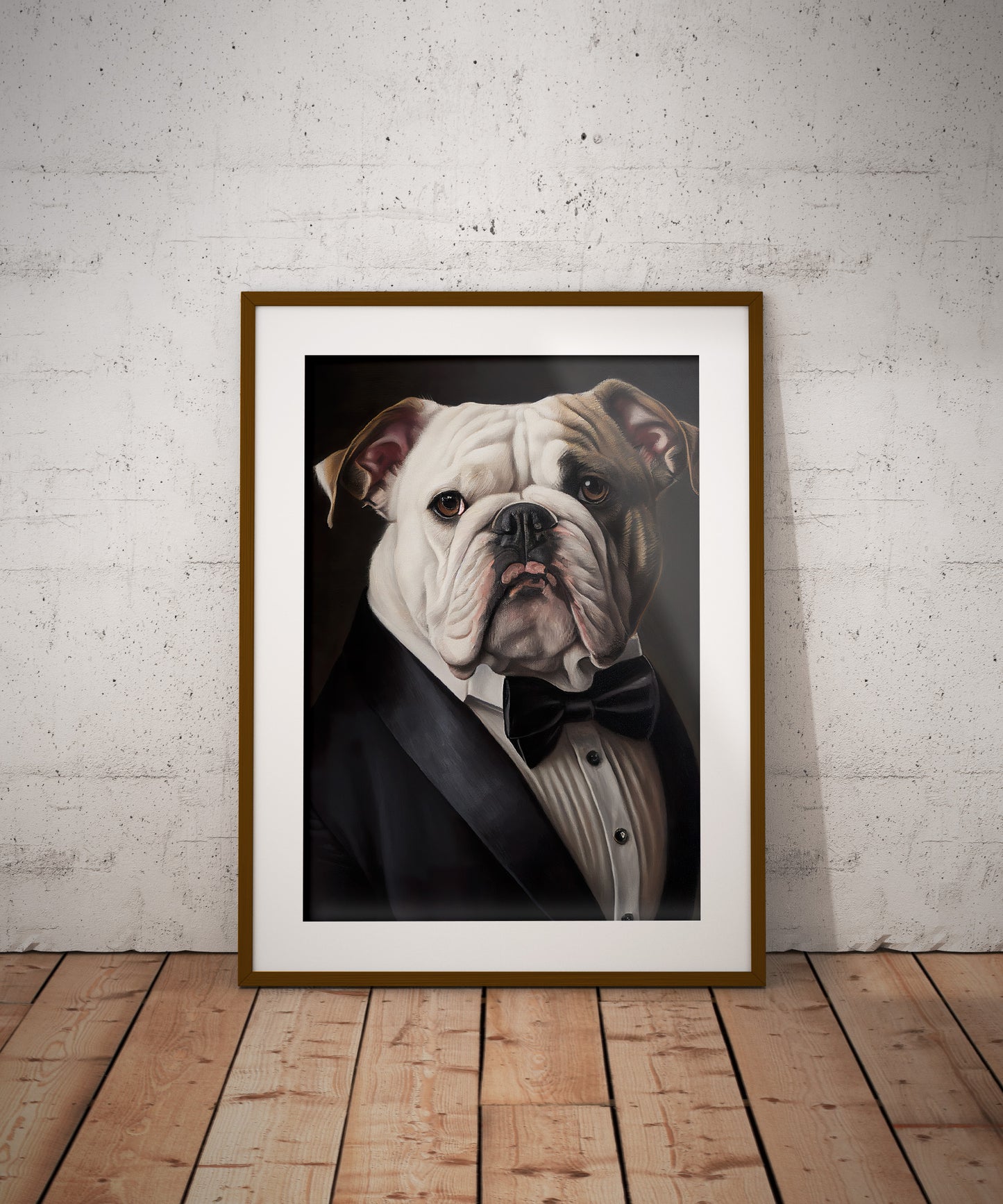 English bulldog in a tuxedo poster, dark wood frame with white mat, leaning on the floor against a brick wall