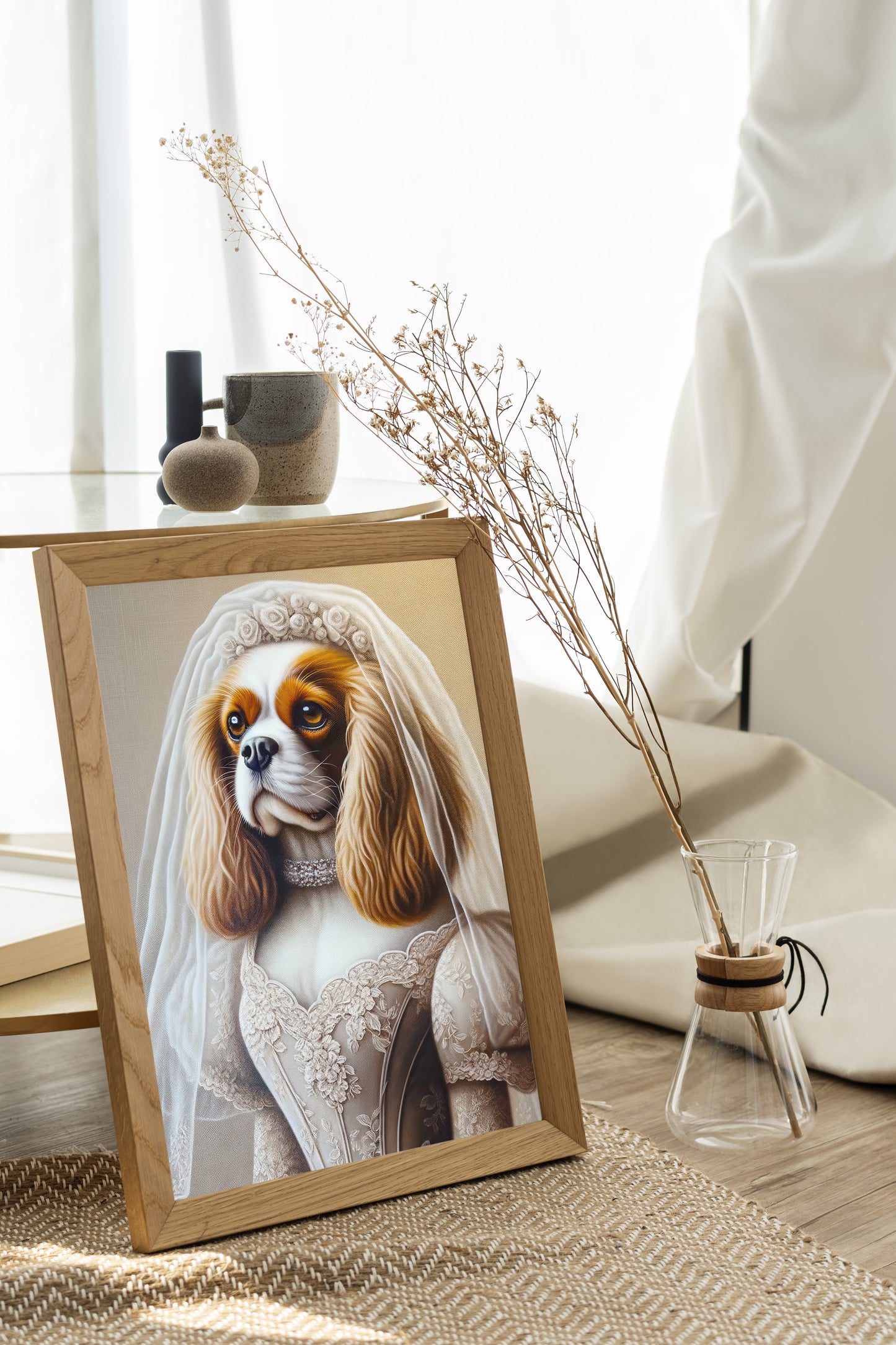 Poster Cavalier King Charles en mariée en cadre bois clair posé au sol sur un tapis en jute, fleurs séchées