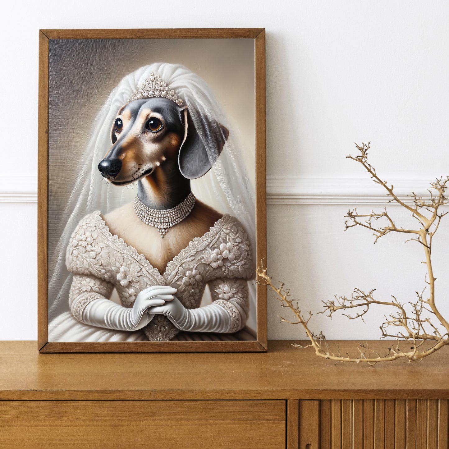 Poster teckel en robe de mariée, cadre bois foncé sur un buffet en bois avec une branche décorative