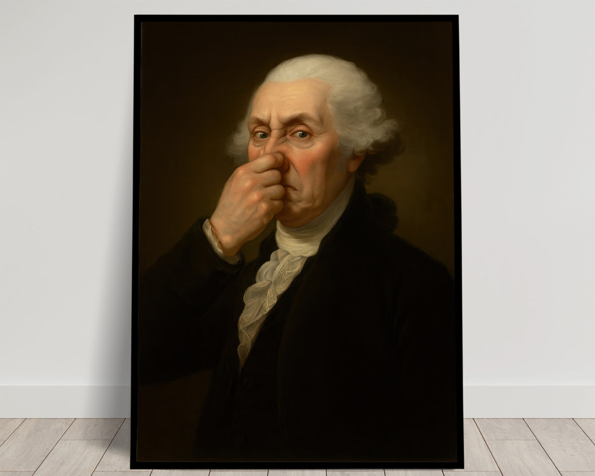 Parodie du portrait de George Washington se pinçant le nez, cheveux blancs et fond sombre, poster humour WC en cadre noir